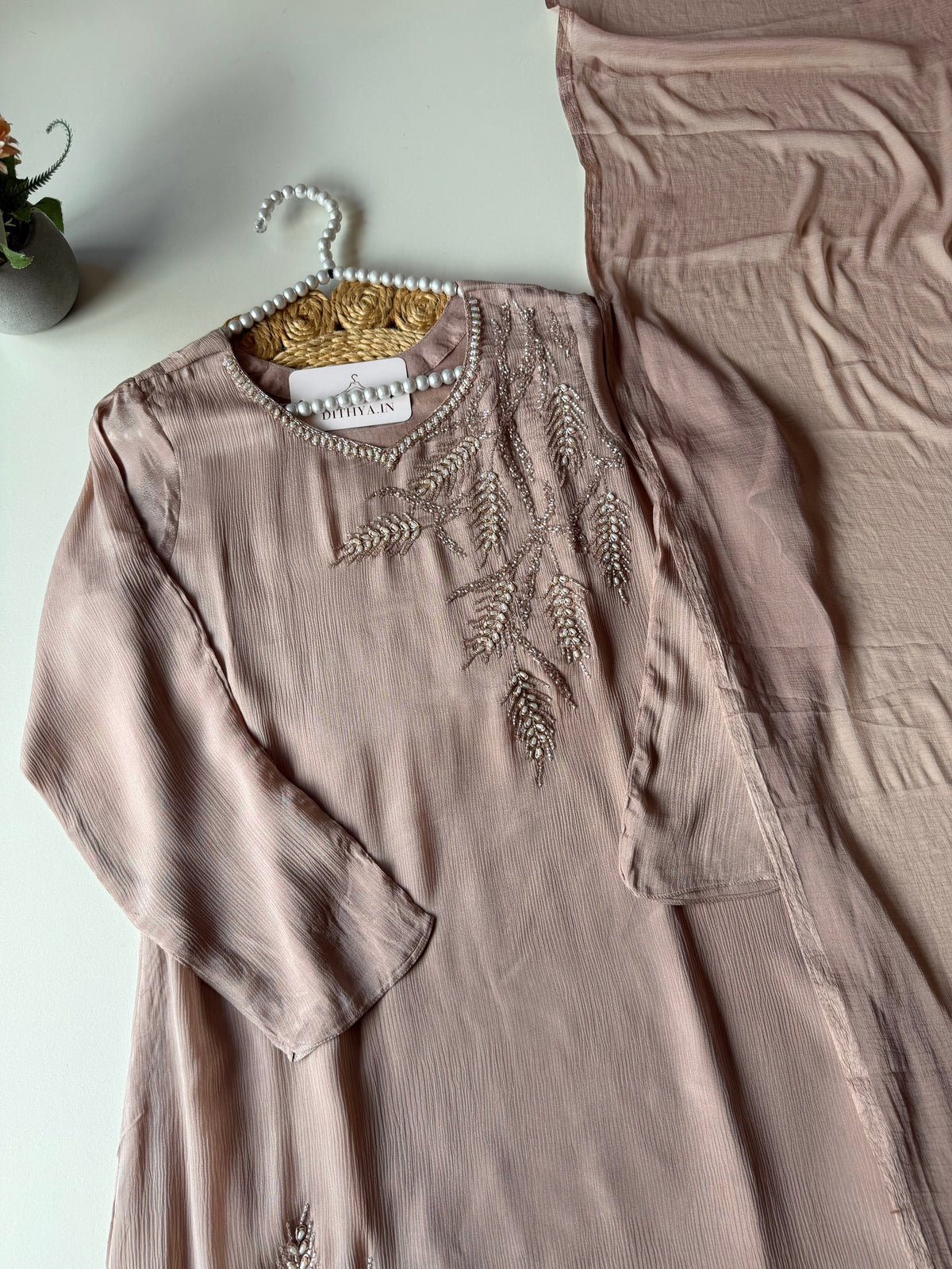 K482 - Pure Chinnon handwork aline Kurti with pants and dupatta