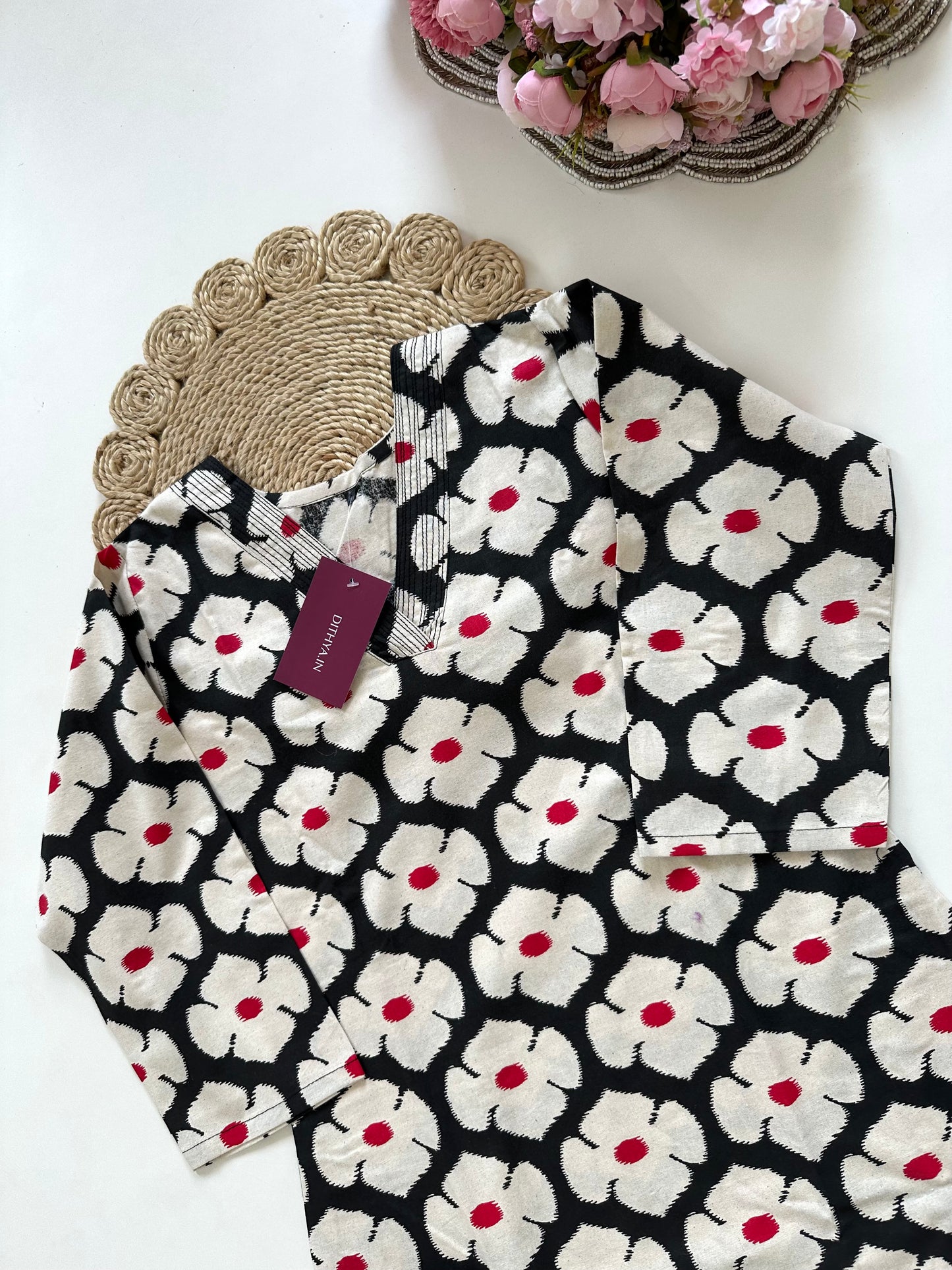 K350 - Cotton printed Aline Kurti with pants in 2 colours