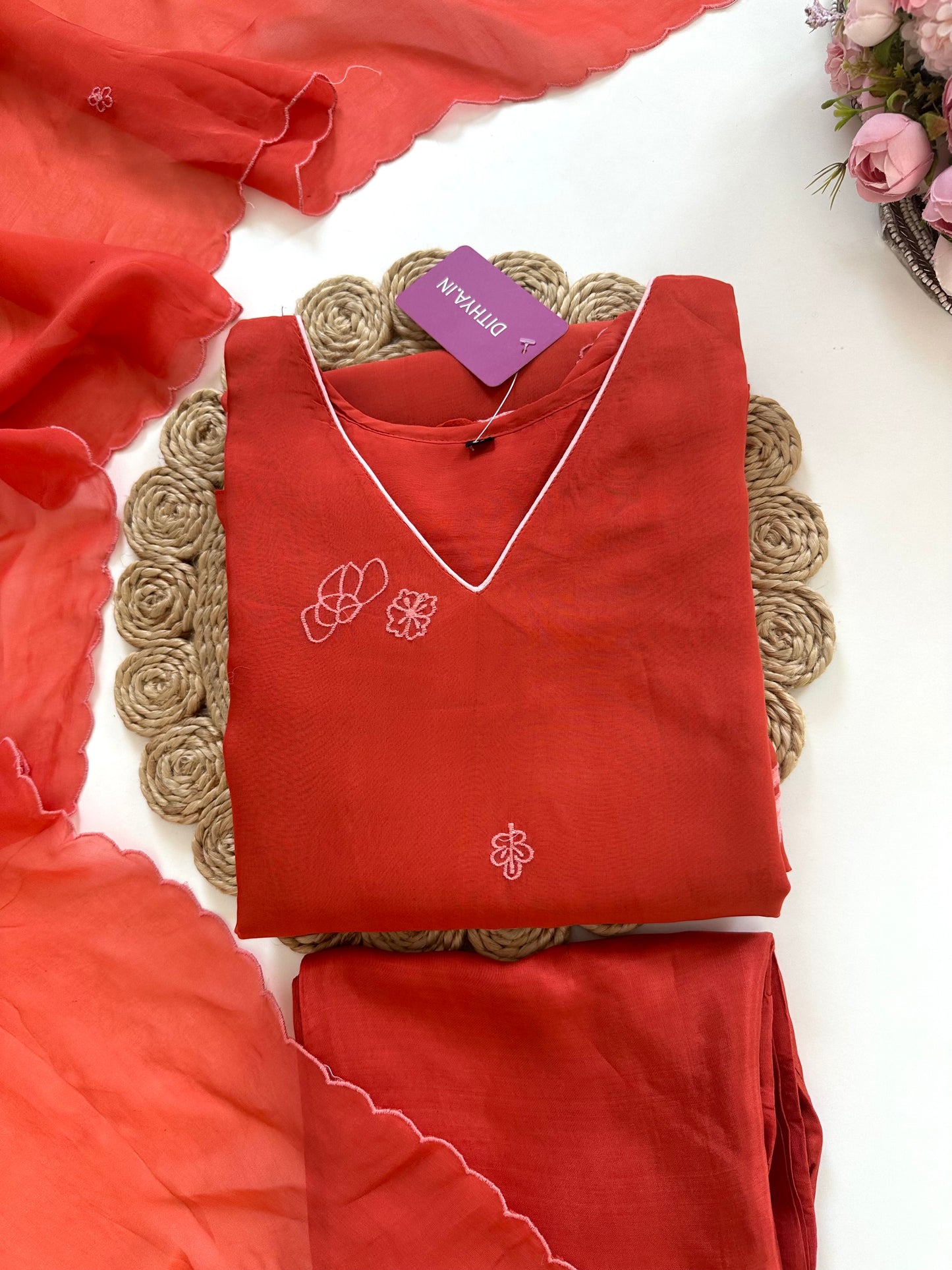 K225 - Pure viscose organza appliqué work Aline Kurti with pants and dupatta in 2 colours