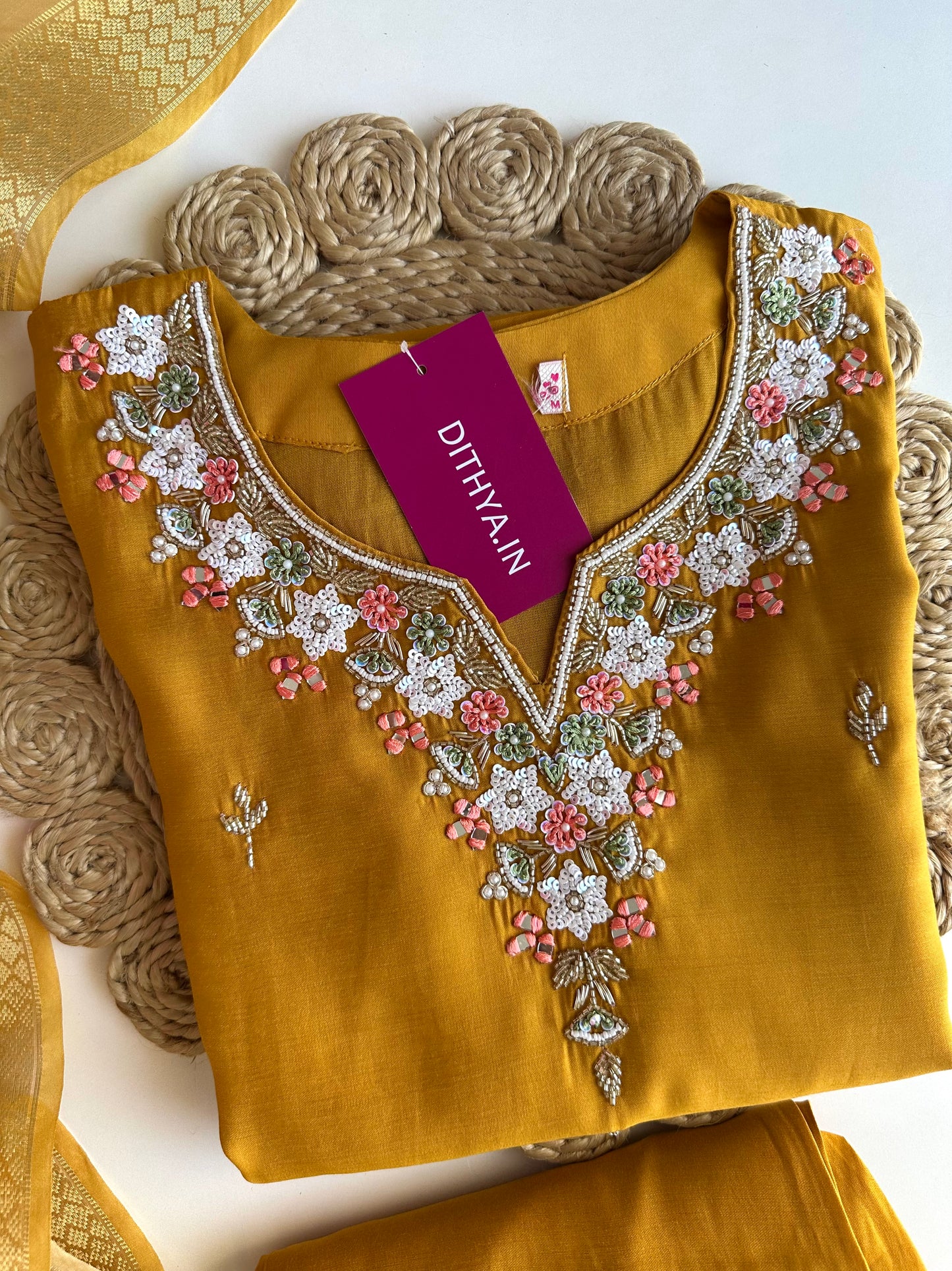 K361 - Roman silk handwork straight Kurti with pants and dupatta