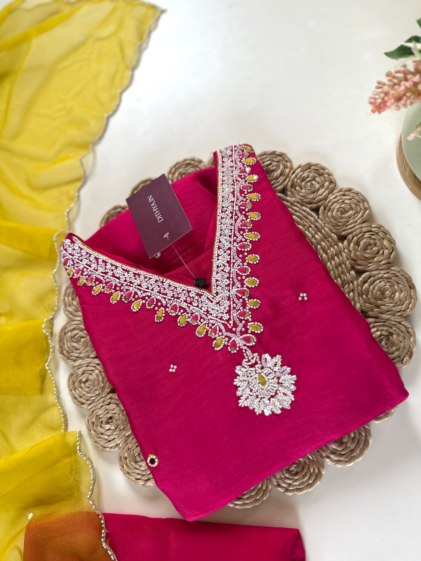 K156 - Russian silk handwork Aline Kurti with pants and dupatta