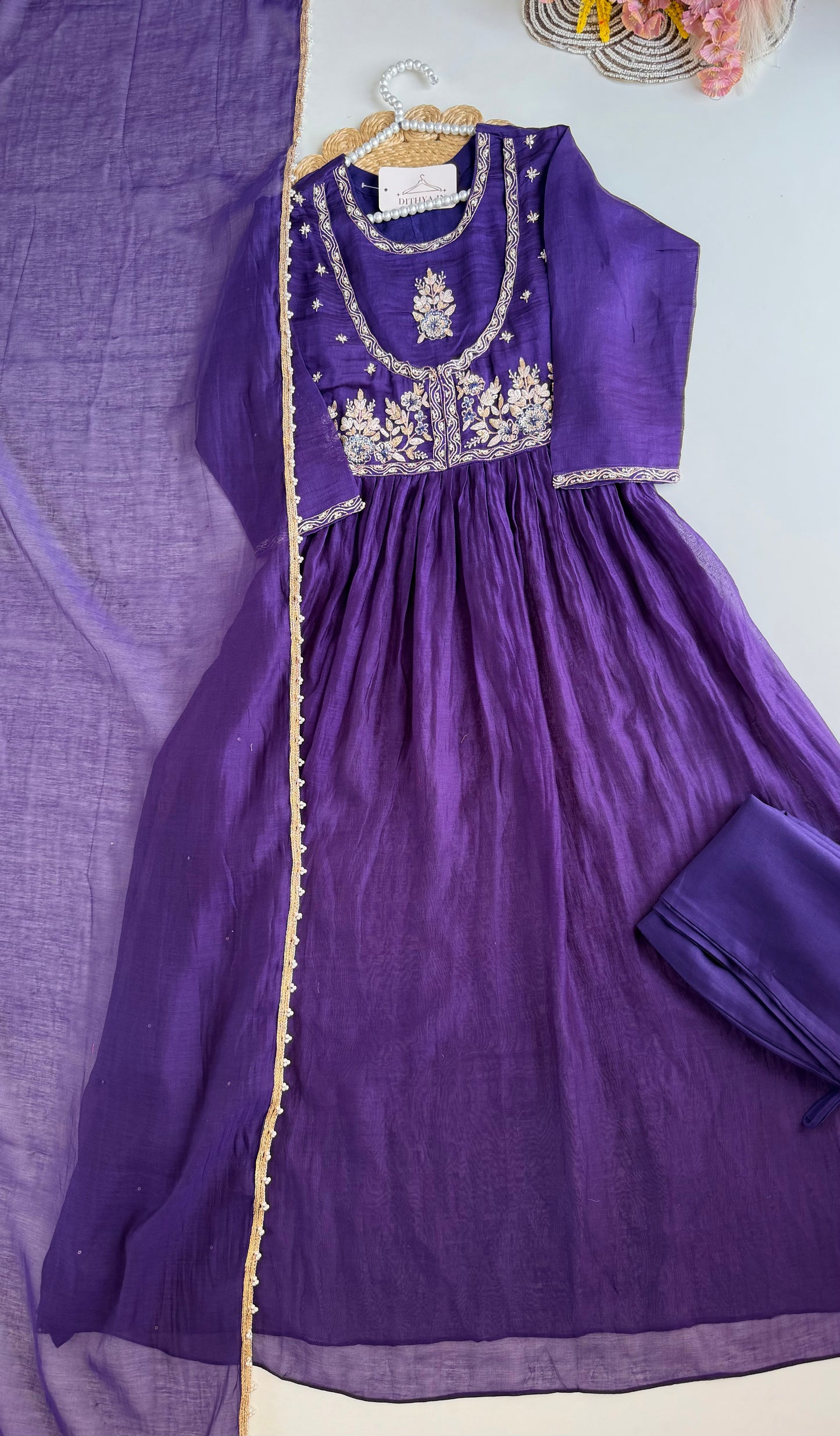 K076 - Mul Chanderi handwork Anarkali with side slit, straight pants and dupatta