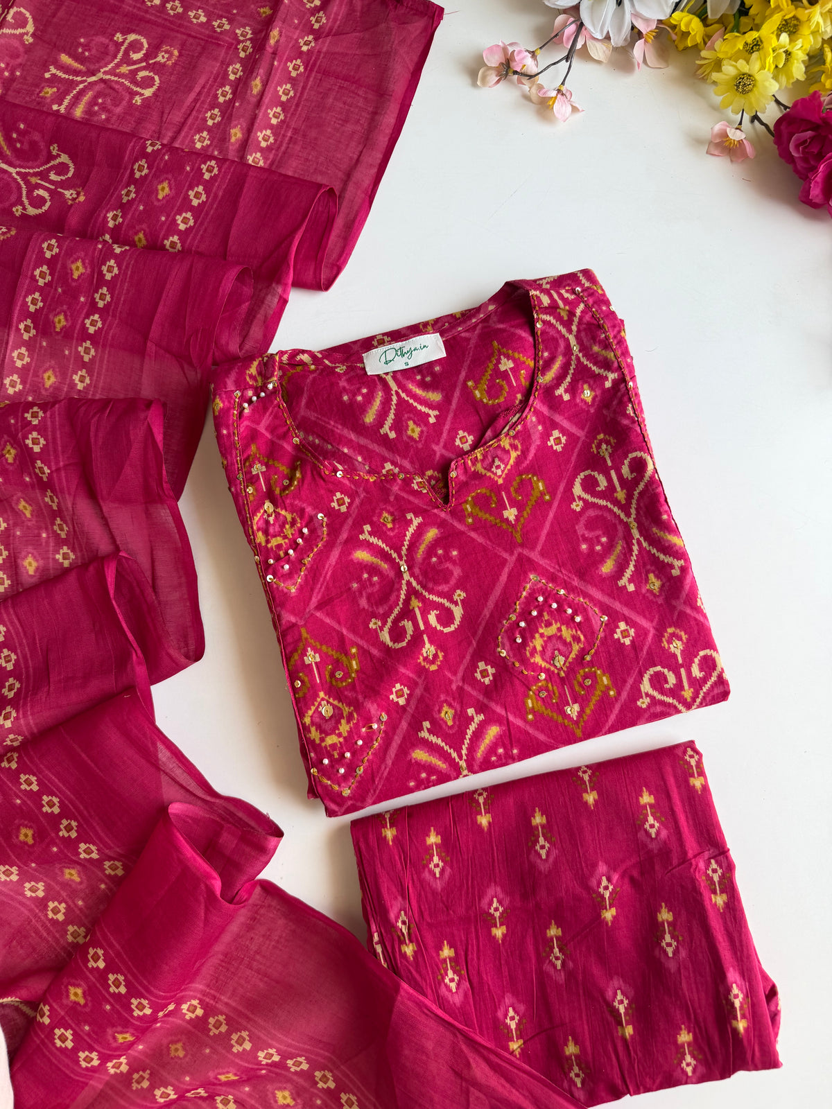 K728 - Mul cotton ikkat print embroidered Aline Kurti with pants and dupatta