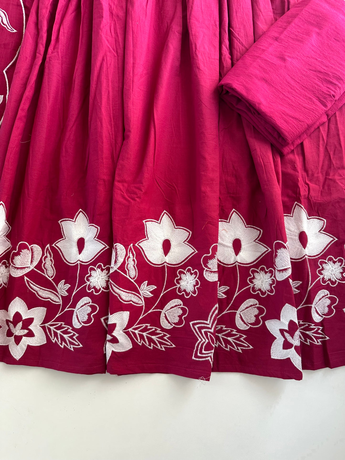 K197 - Mul cotton appliqué embroidery Anarkali with pants and dupatta