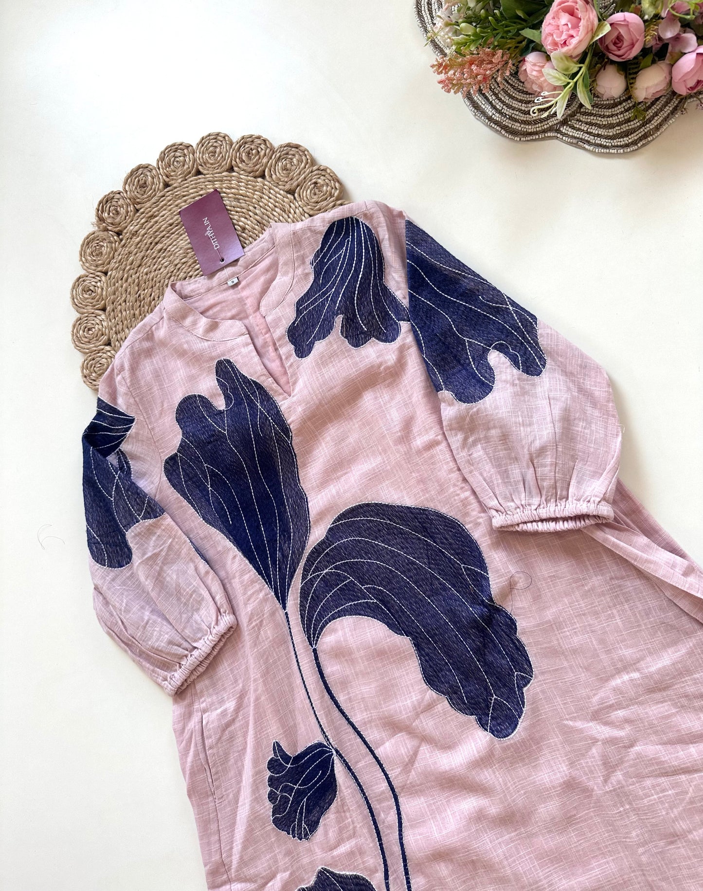 K356 - Slub cotton Applique flower work Aline Kurti