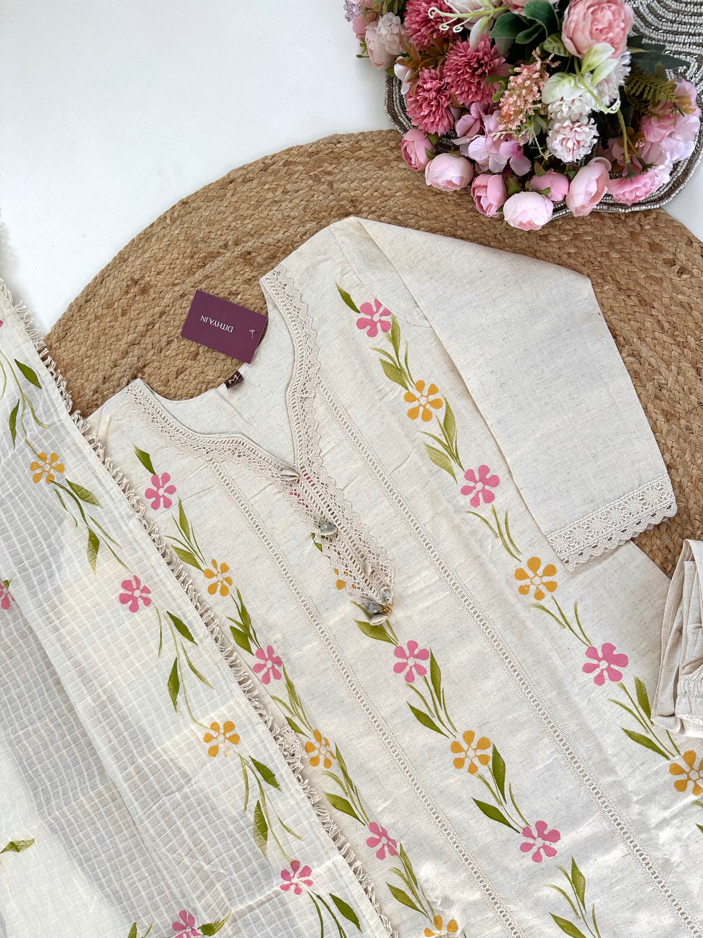 K253 - Slub cotton hand painted straight Kurti with pants and dupatta