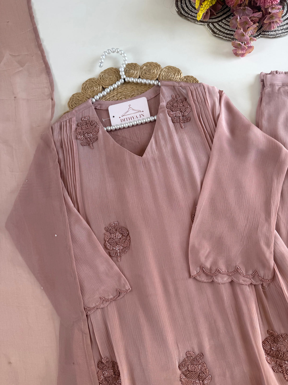 K104 - Pure Chinnon handwork short Kurti with divider pants and dupatta