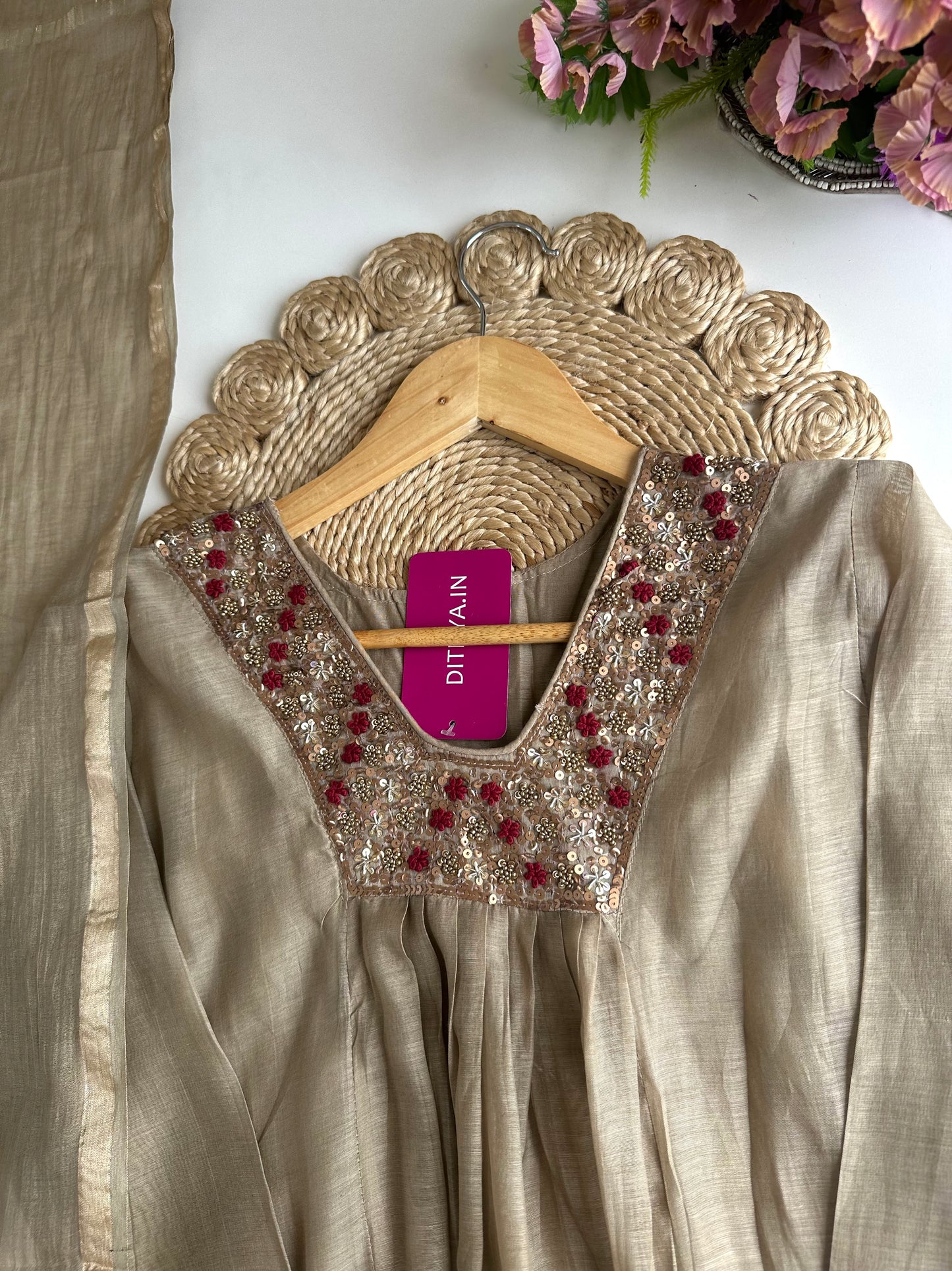 K347 - Mul Chanderi handwork Anarkali with pants and dupatta