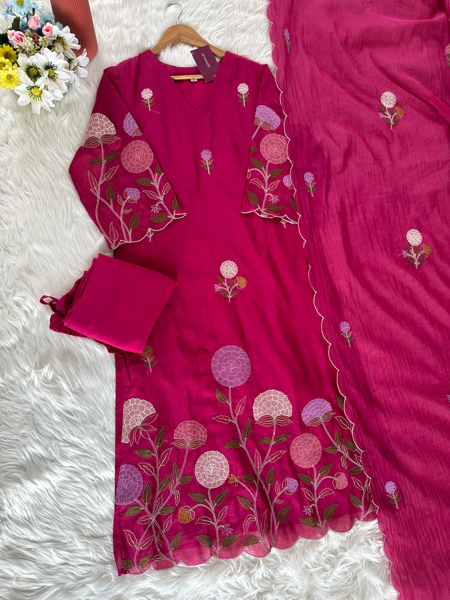 K035 - Mul Chanderi appliqué work straight Kurti with pants and dupatta