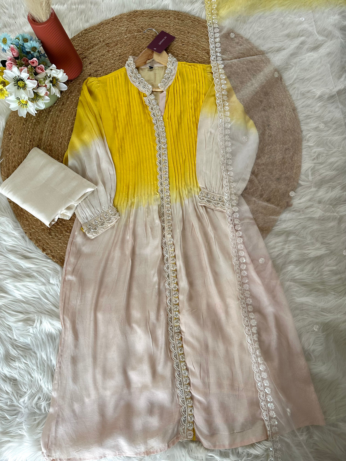 K234 - Pure muslin handwork Aline Kurti with pants and dupatta