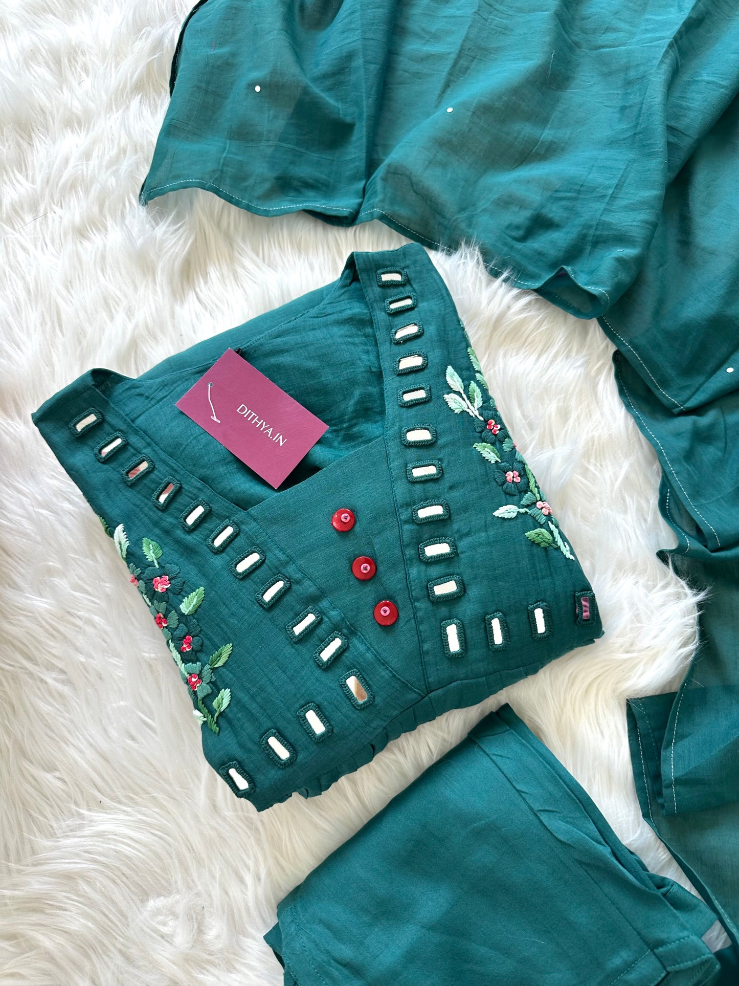K244 - Mul Chanderi mirror embroidered Aline Kurti with pants and dupatta