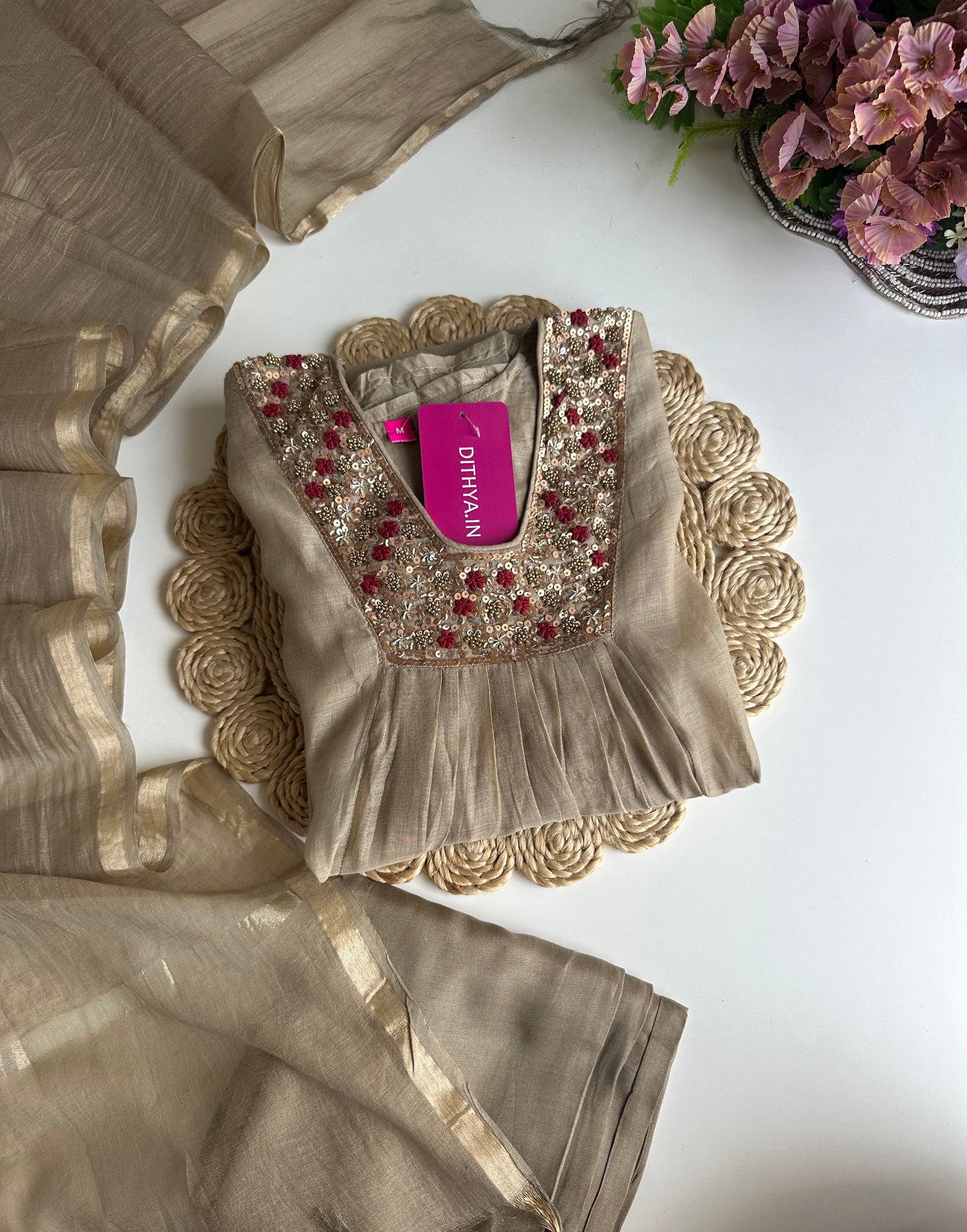 K347 - Mul Chanderi handwork Anarkali with pants and dupatta