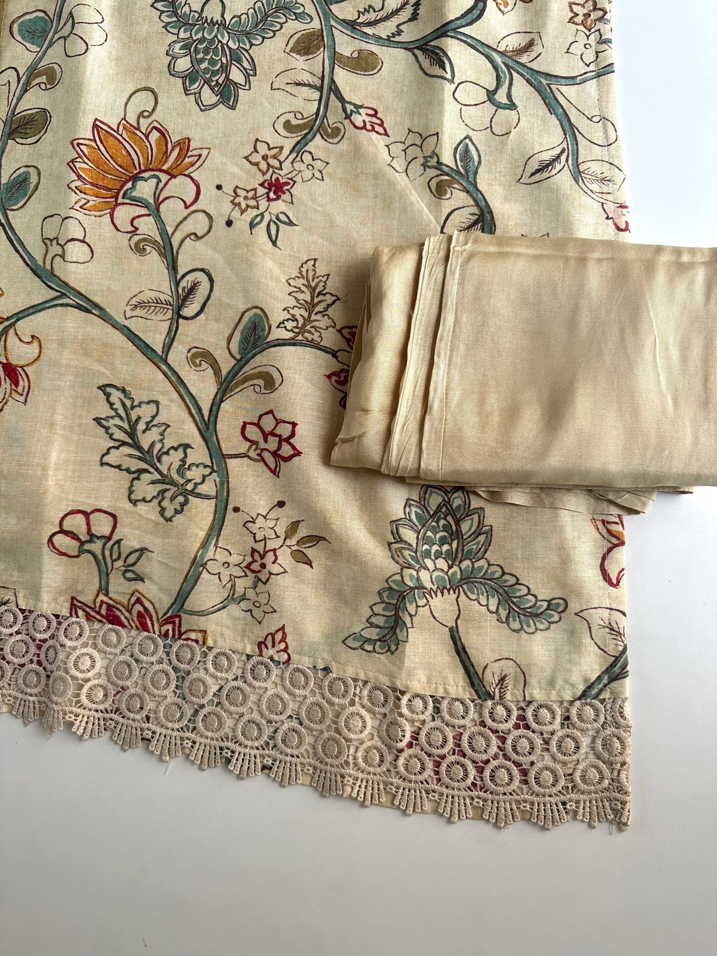 K022 - Muslin printed embroidered straight Kurti with pants and dupatta