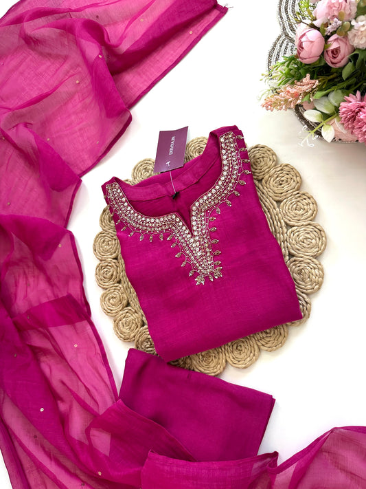 K080 - Mul Chanderi handwork straight kurti with pants and dupatta in 2 colours