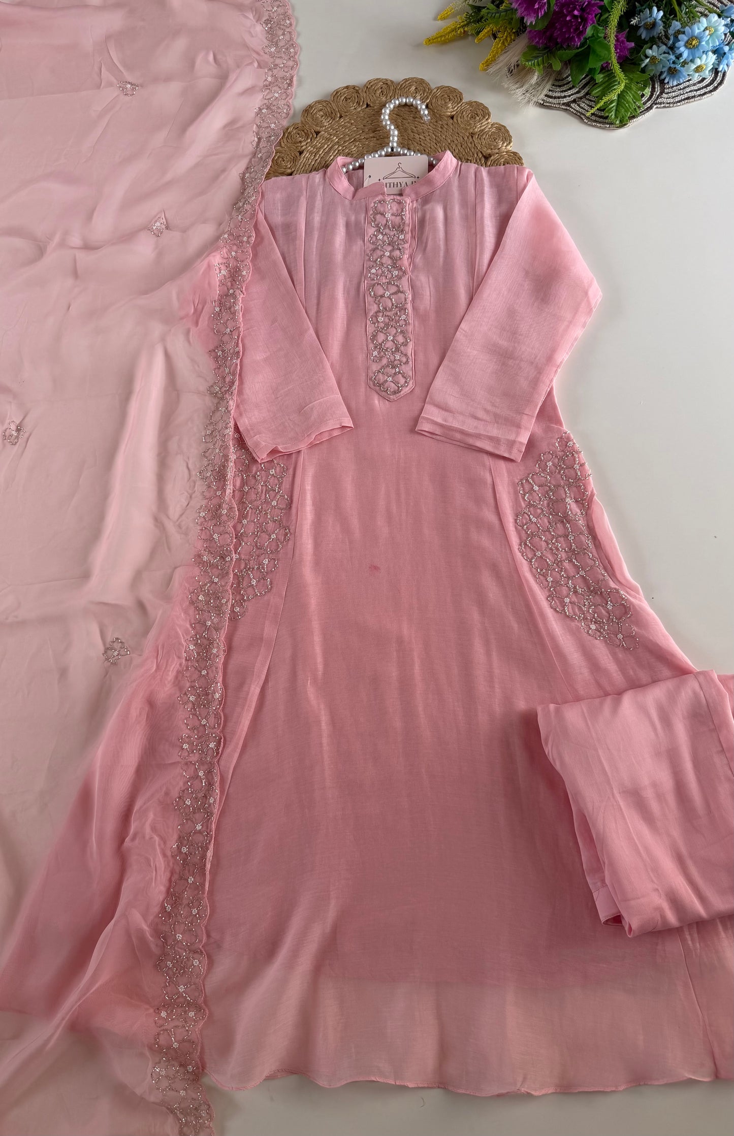 K283 - Mul chanderi handwork aline Kurti with pants and dupatta