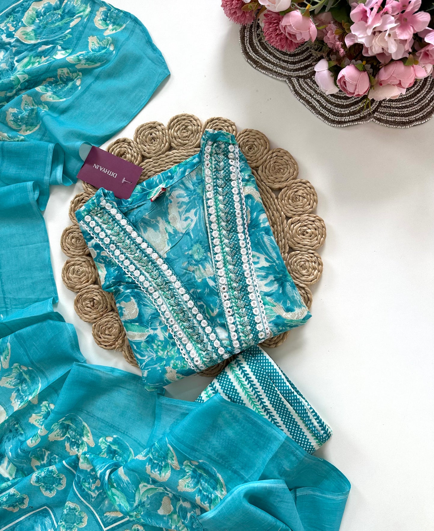 K387 - Cotton floral straight Kurti with pants and dupatta in 4 colours