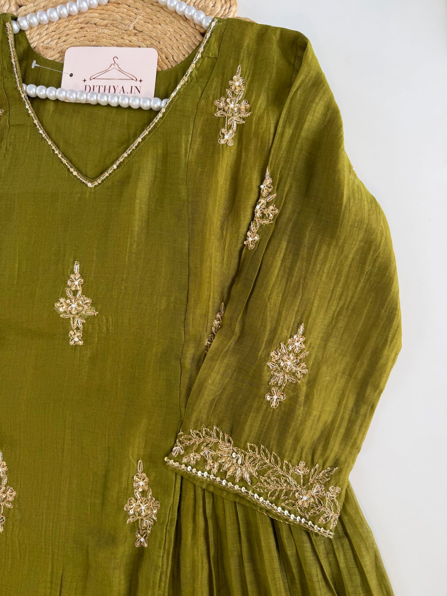 K551 - Mul chanderi handwork Aline Kurti with pants and dupatta