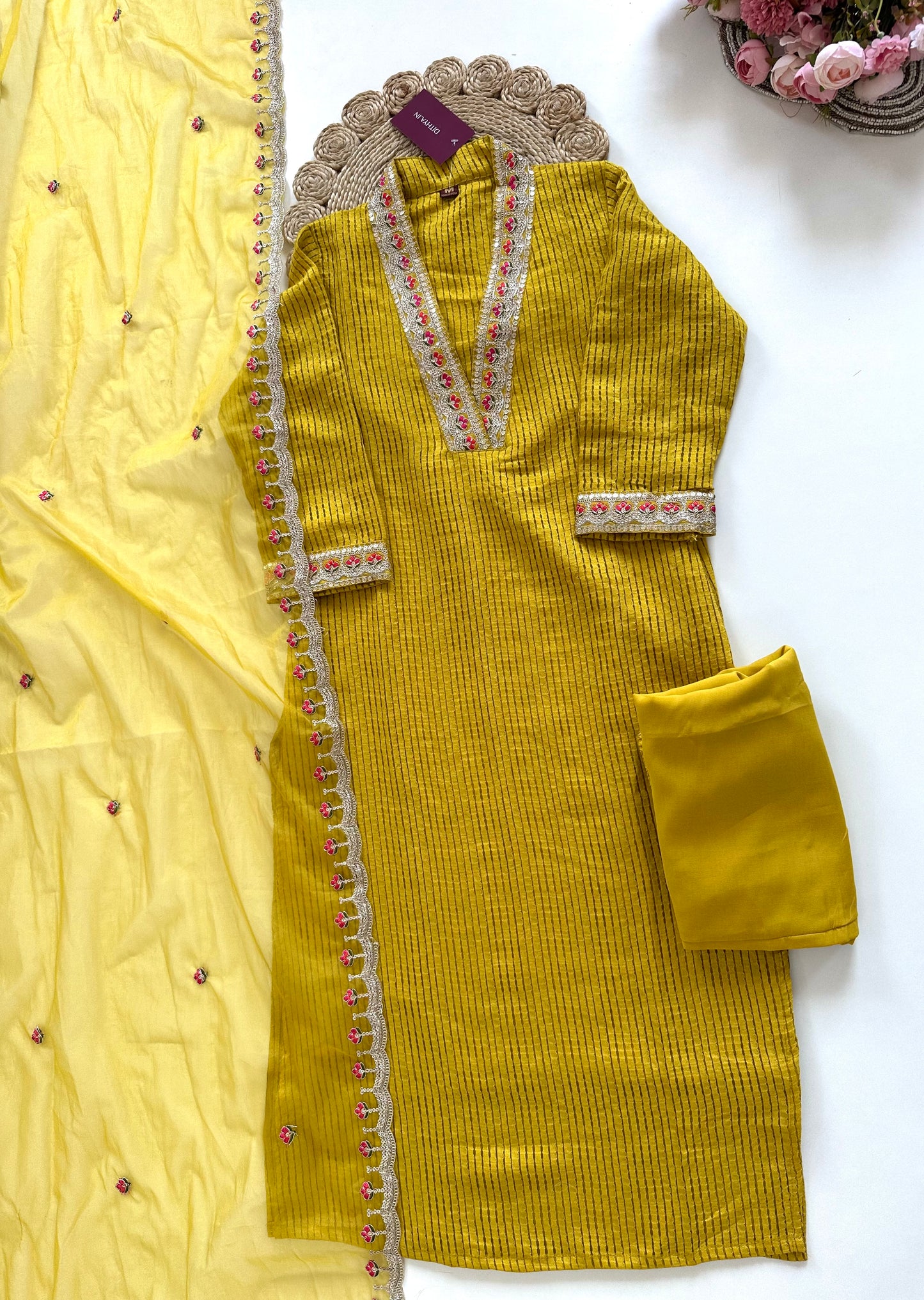 K107 - Jacquard silk Collar neck straight kurti with pants and dupatta in 2 colours