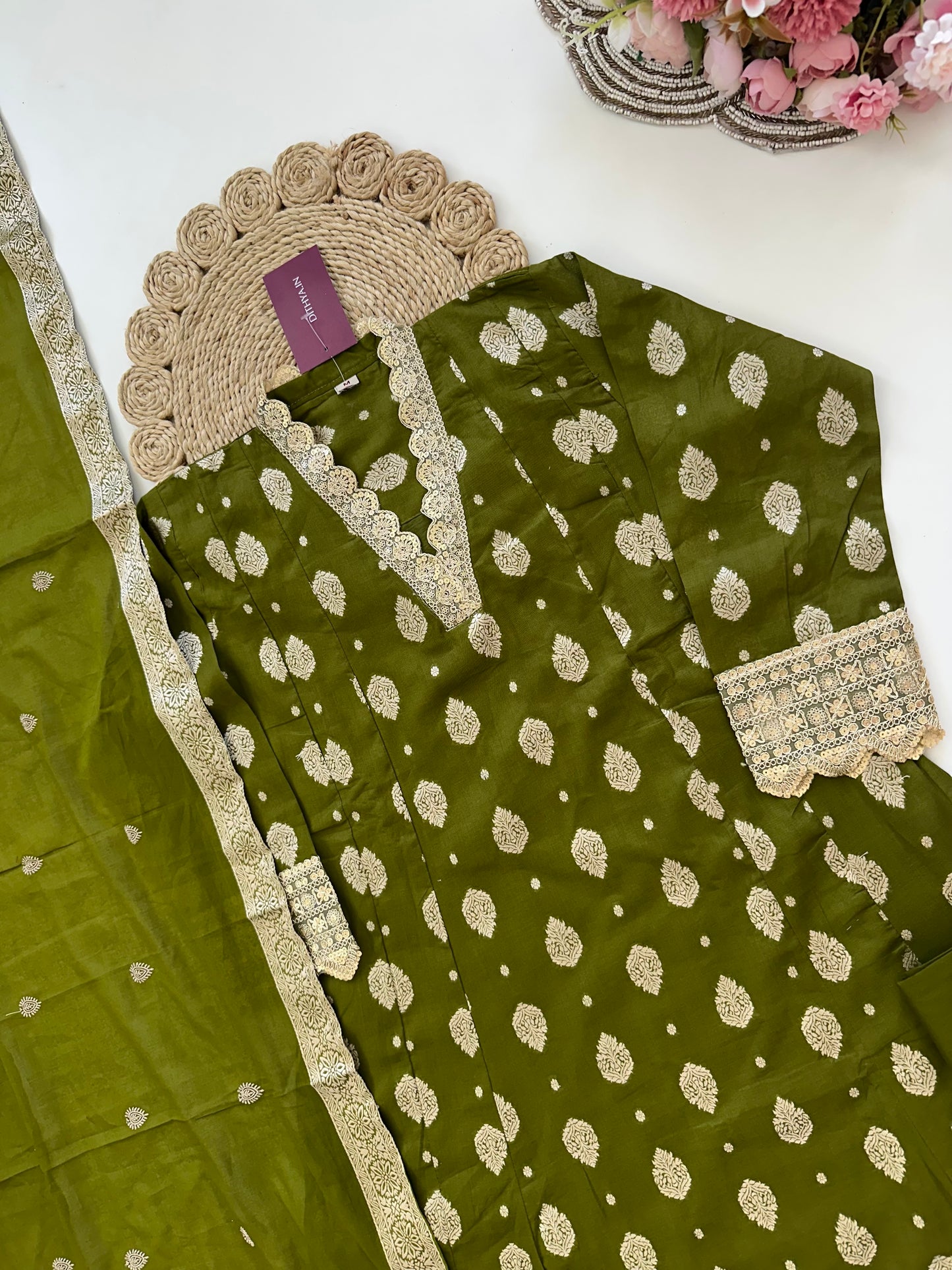 K094 - Cotton Jacquard Aline Kurti with pants and dupatta in 3 colours.