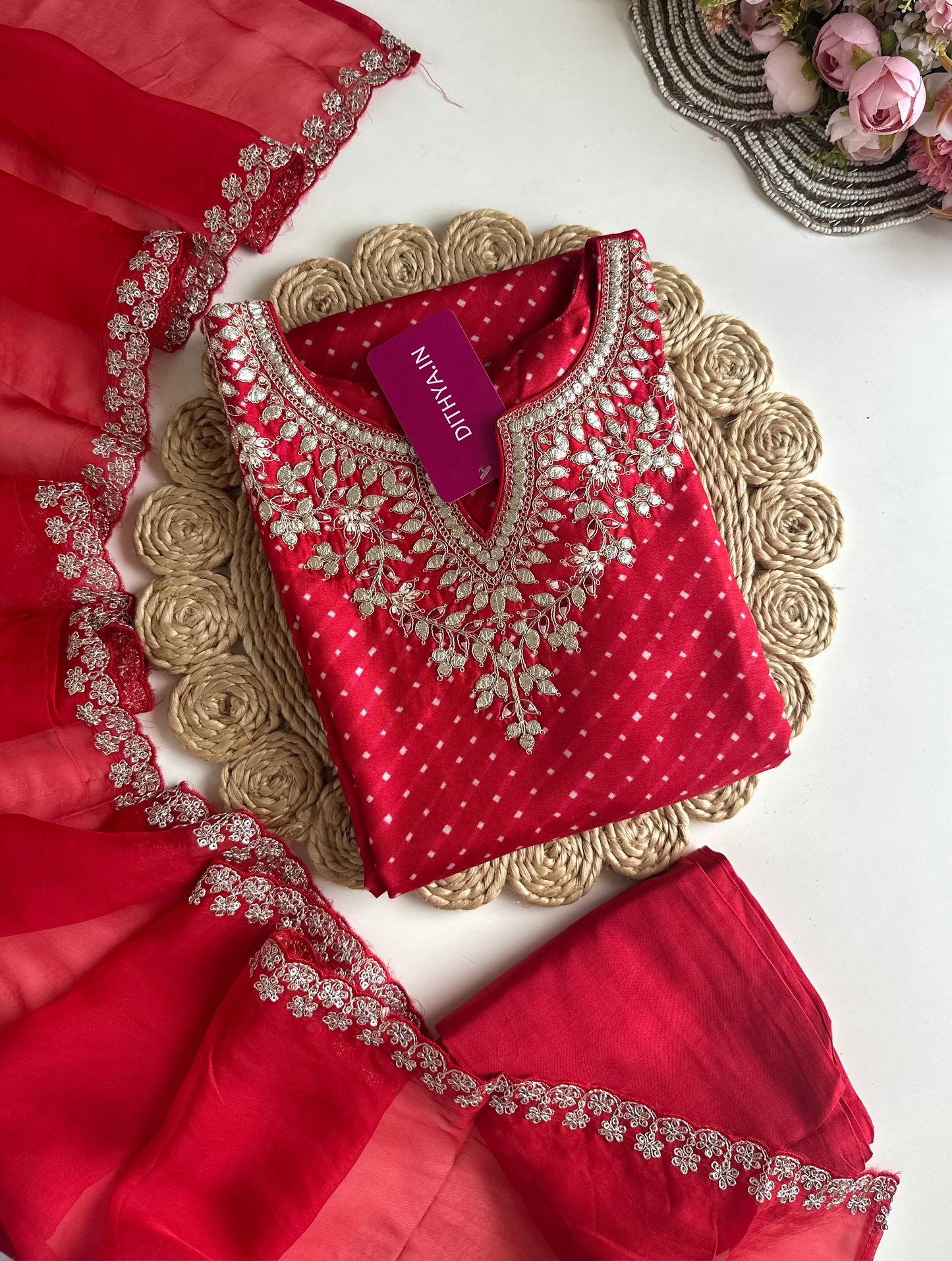 K341 - Russian silk gota work straight Kurti with pants and dupatta