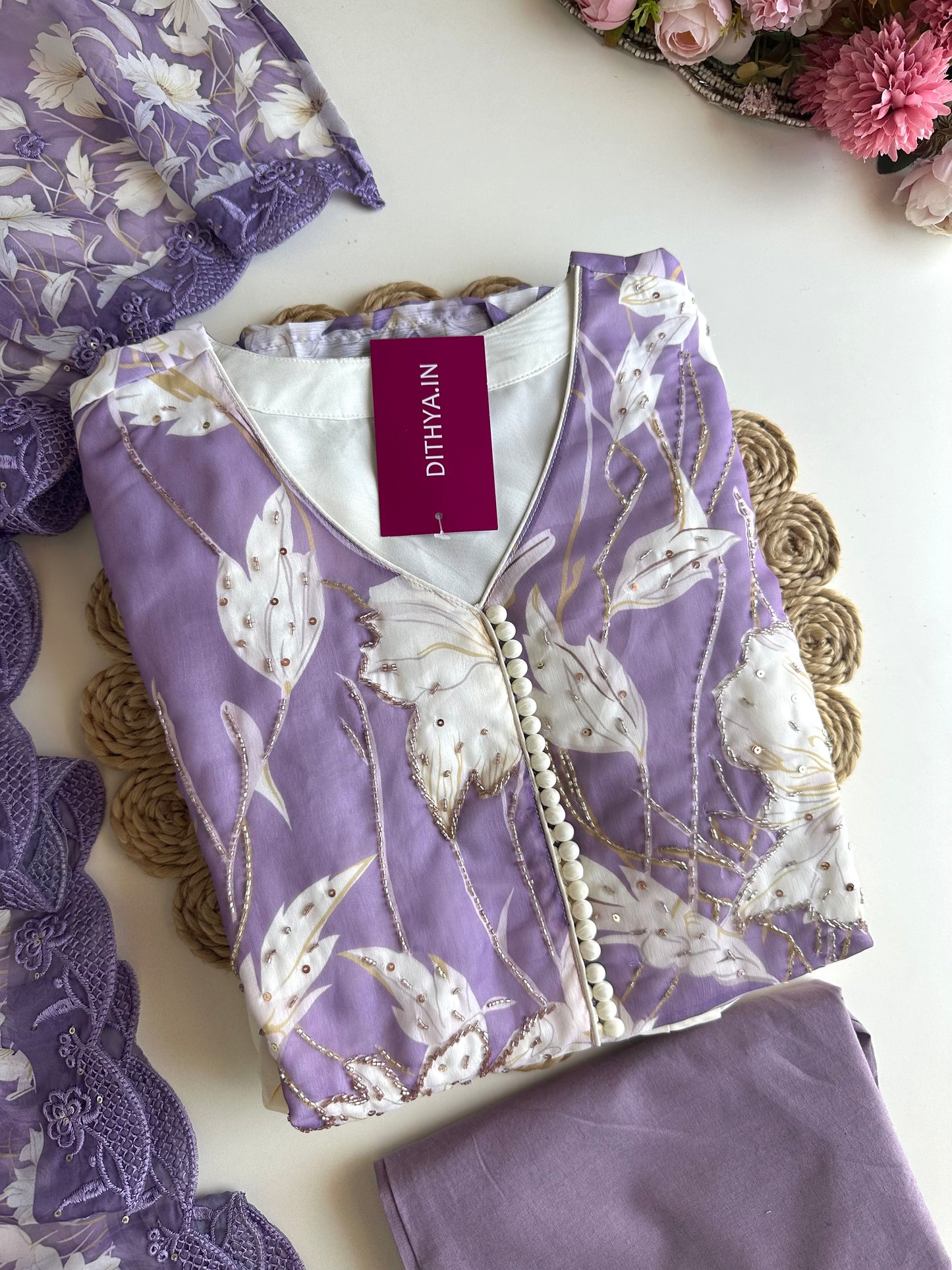 K426 - Chinnon handwork Floral Anarkali with pants and dupatta