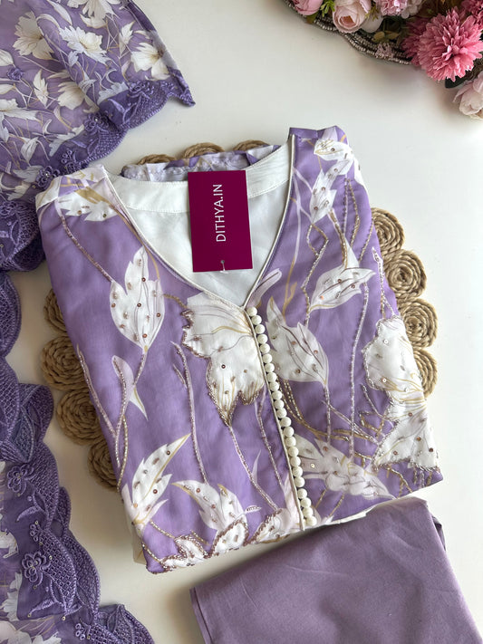K426 - Chinnon handwork Floral Anarkali with pants and dupatta