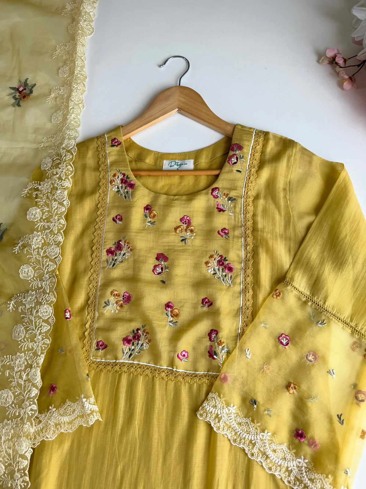 K602 - Mul chanderi embroidered net lace work Aline Kurti with pants and dupatta