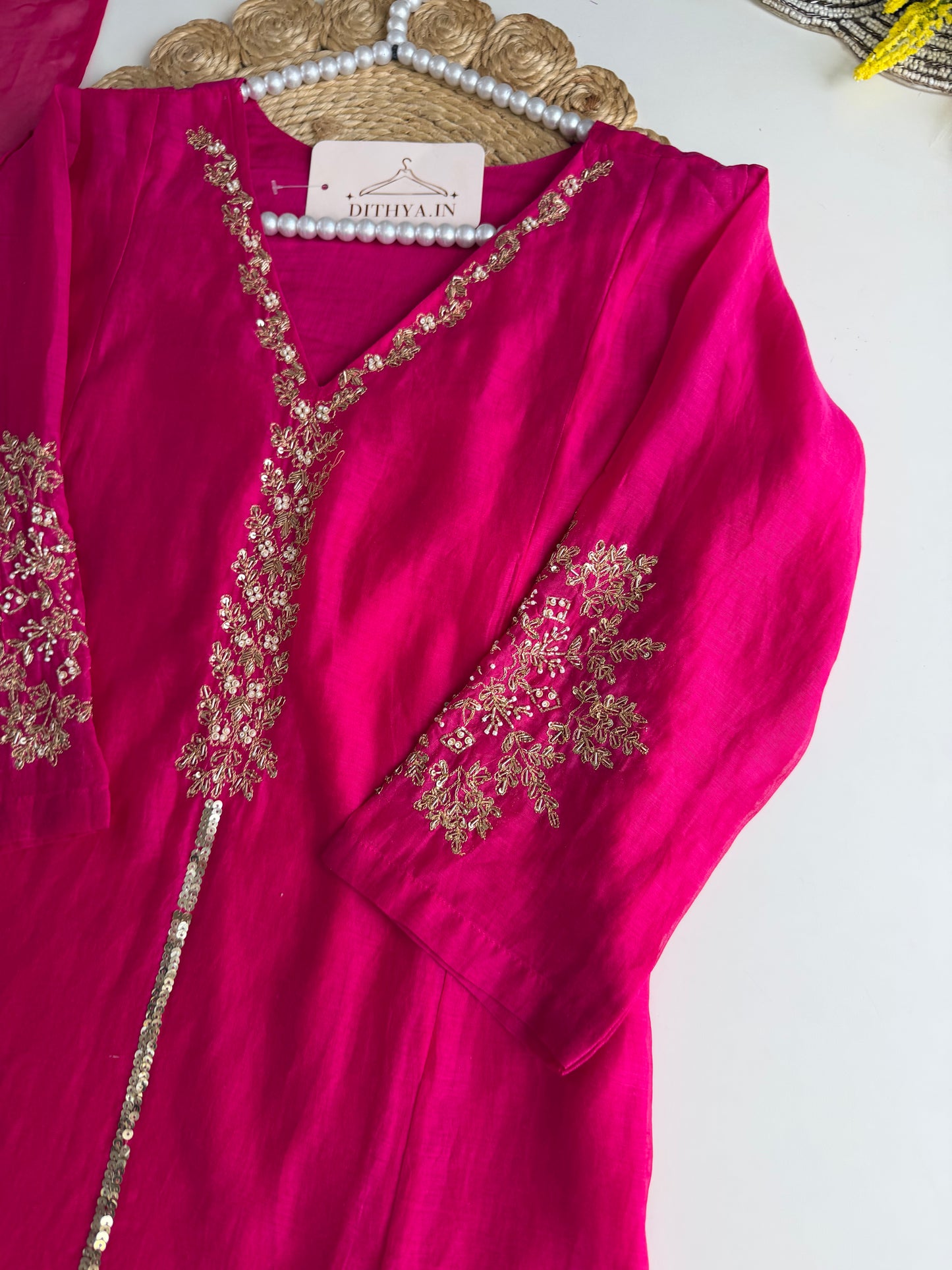 K074 - Mul chanderi handwork Aline Kurti with pants and dupatta
