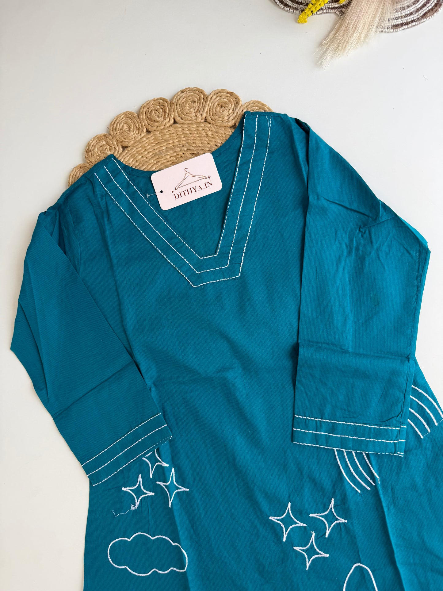 K460 - Cotton embroidered straight Kurti with pants in 2 colours