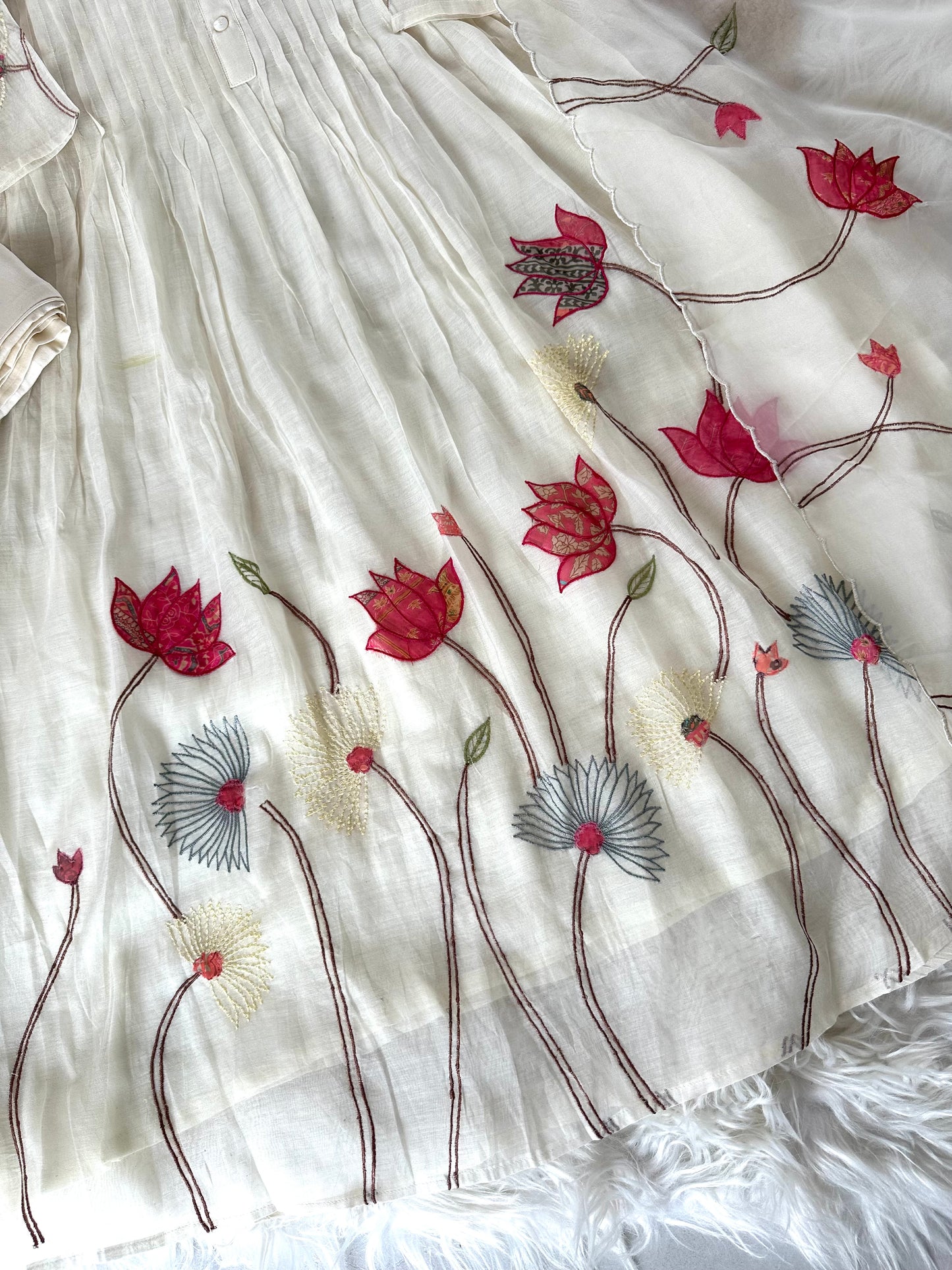 K304 - Mul Chanderi appliqué work Aline Kurti with pants and dupatta in 2 colours