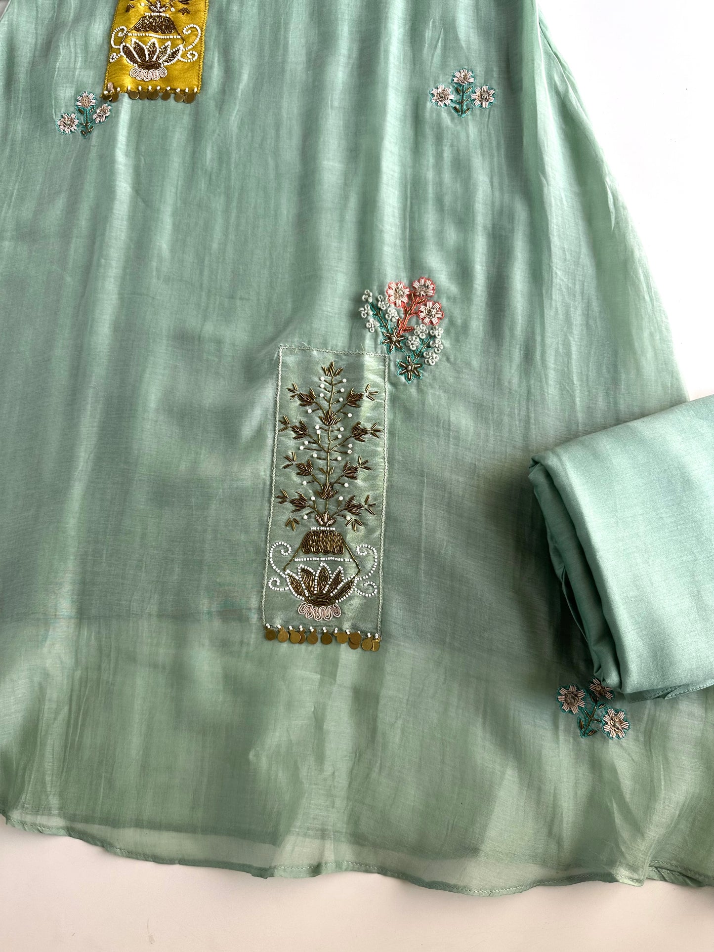 K121 - Mul Chanderi handwork Aline Kurti with pants and dupatta