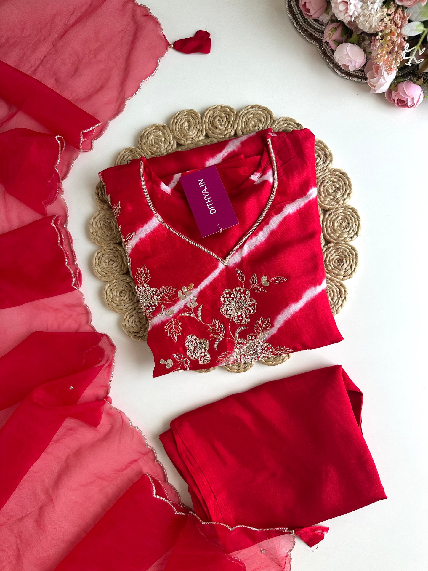 K016 - Russian silk leheriya handwork Straight Kurti with pants and dupatta in 2 styles