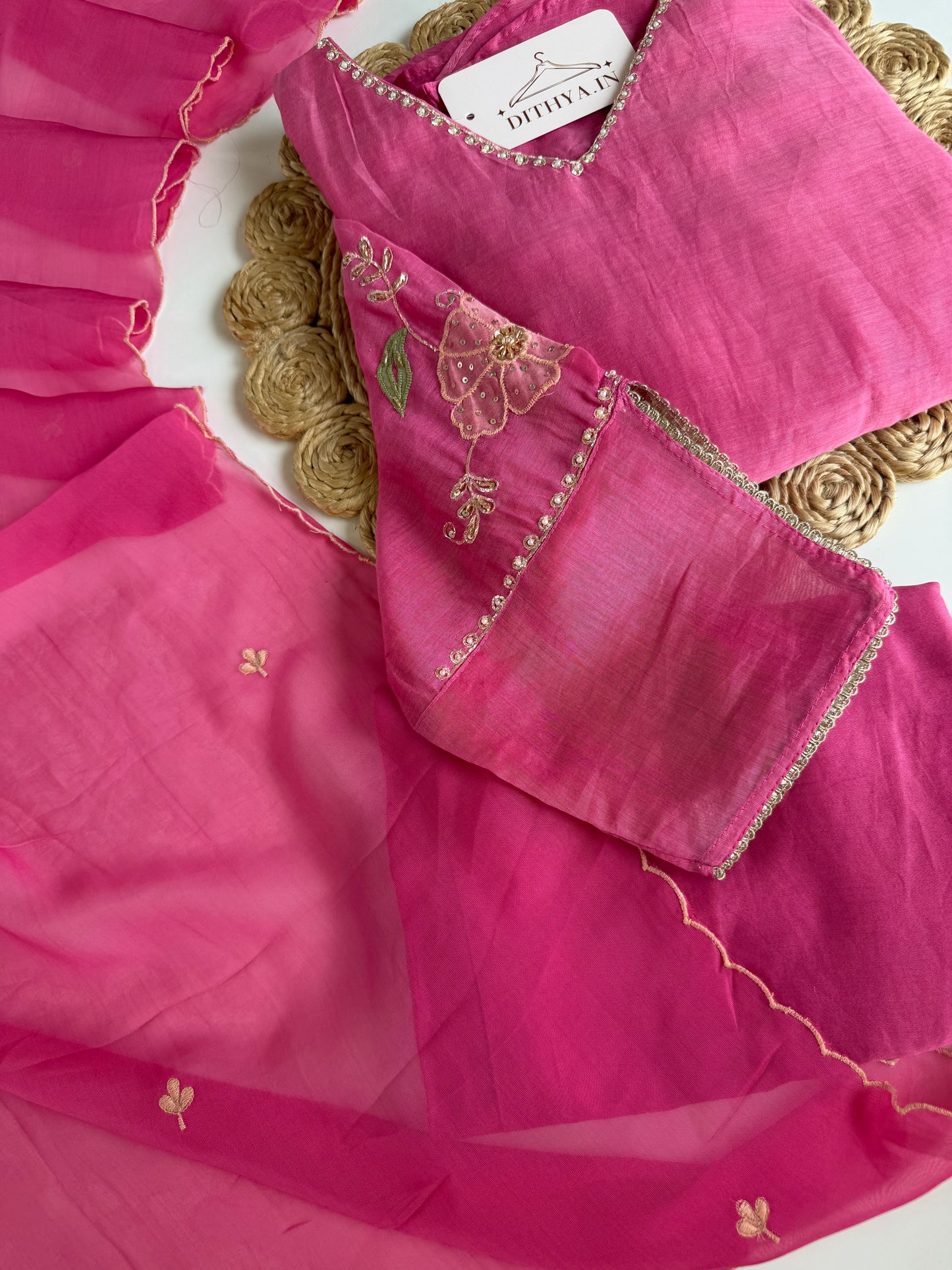 K538 - Mul chanderi handwork Aline Kurti with pants and dupatta