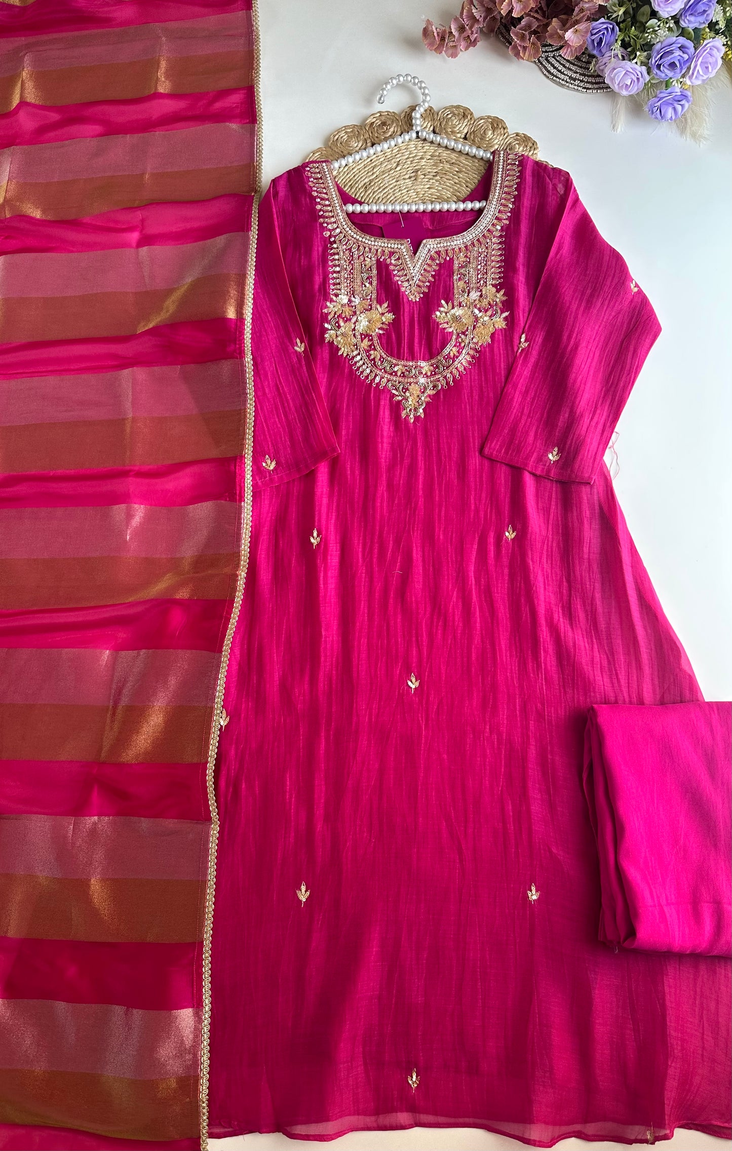 K442 - Mul Chanderi handwork Aline Kurti with pants and dupatta