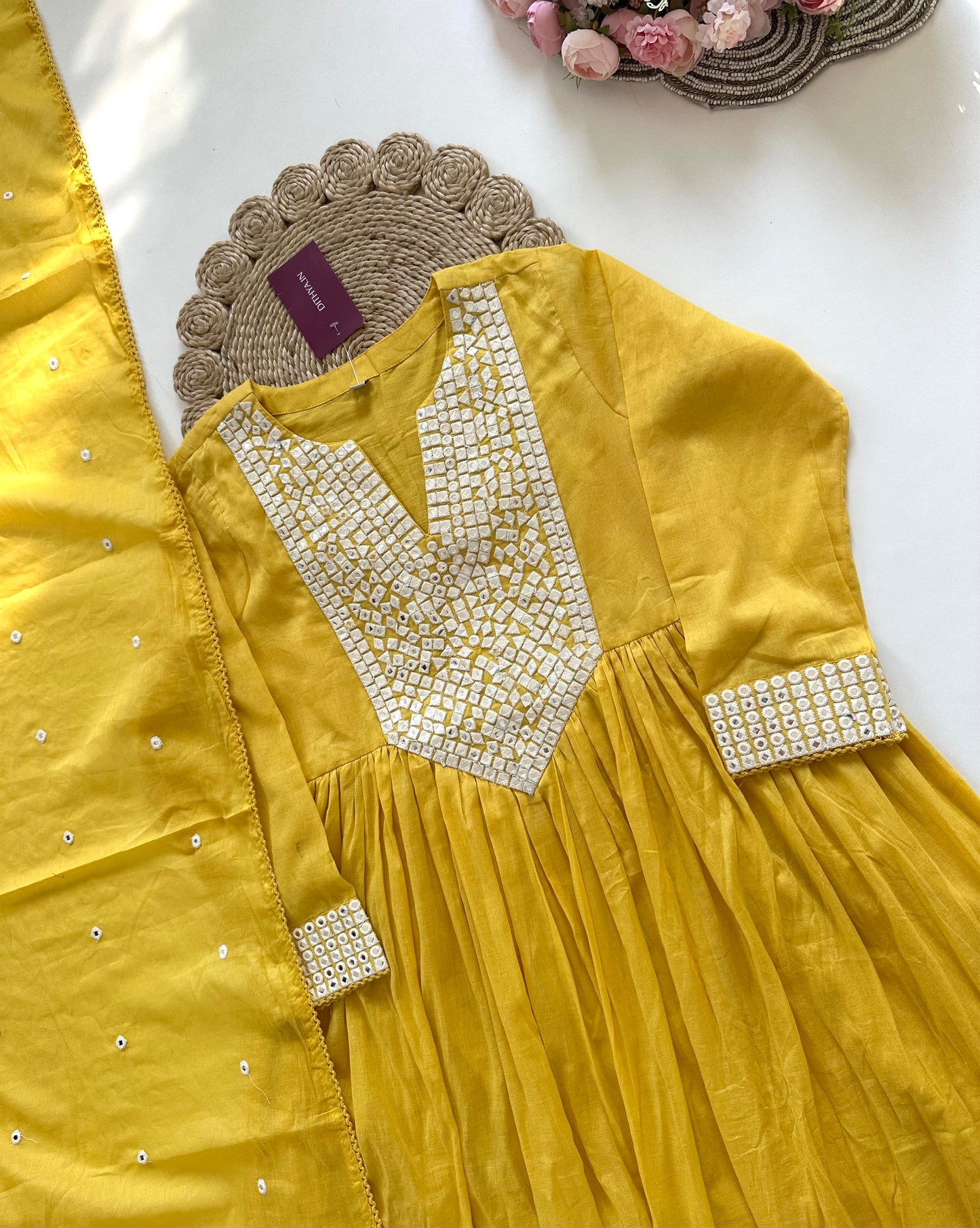 K116 - Mul mul cotton mirror work Anarkali with pants and dupatta in 2 colours
