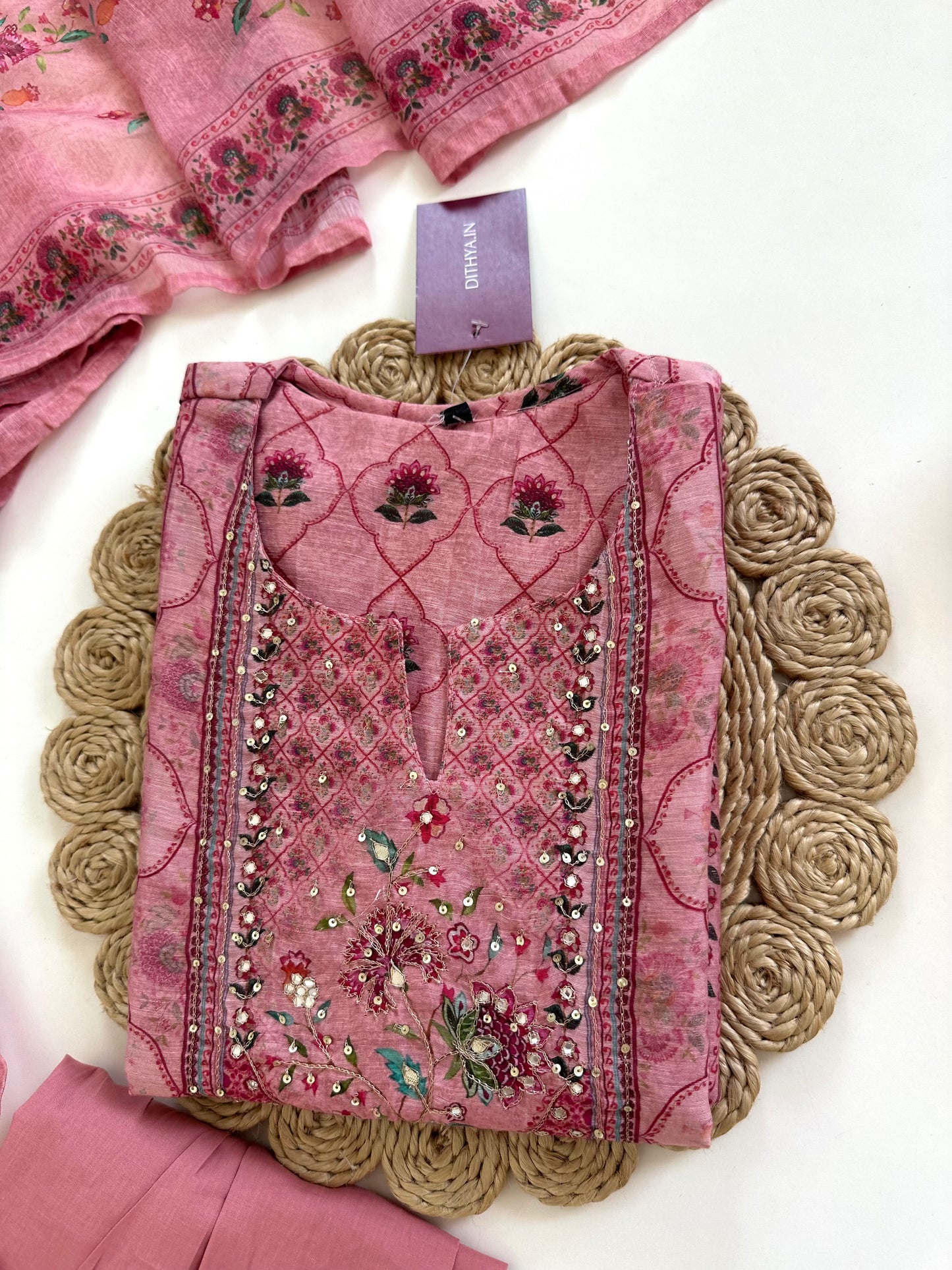 K027 - Soft chanderi handwork straight Kurti with  pants and dupatta in 2 colours