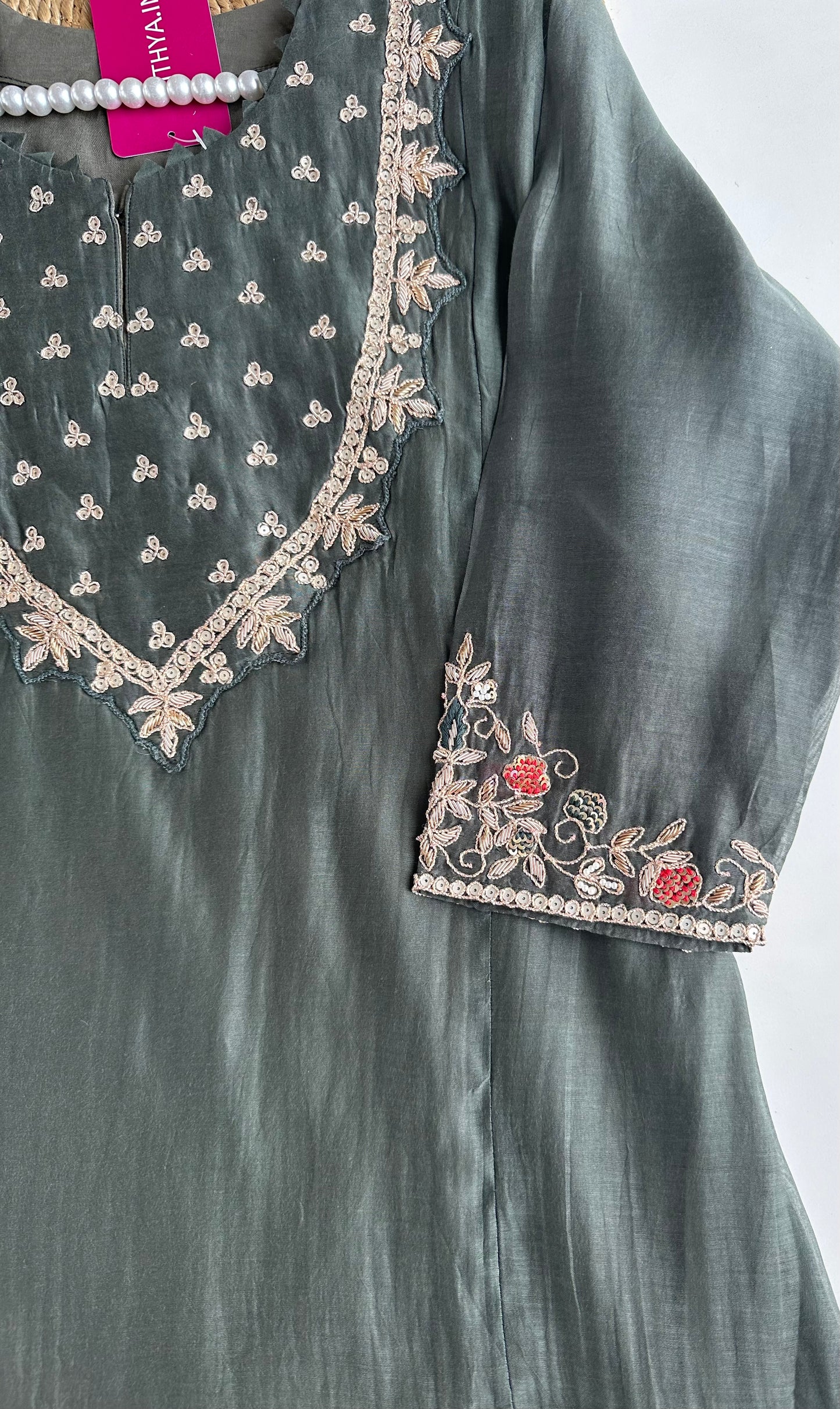 K072 - Mul Chanderi handwork Aline Kurti with pants and dupatta