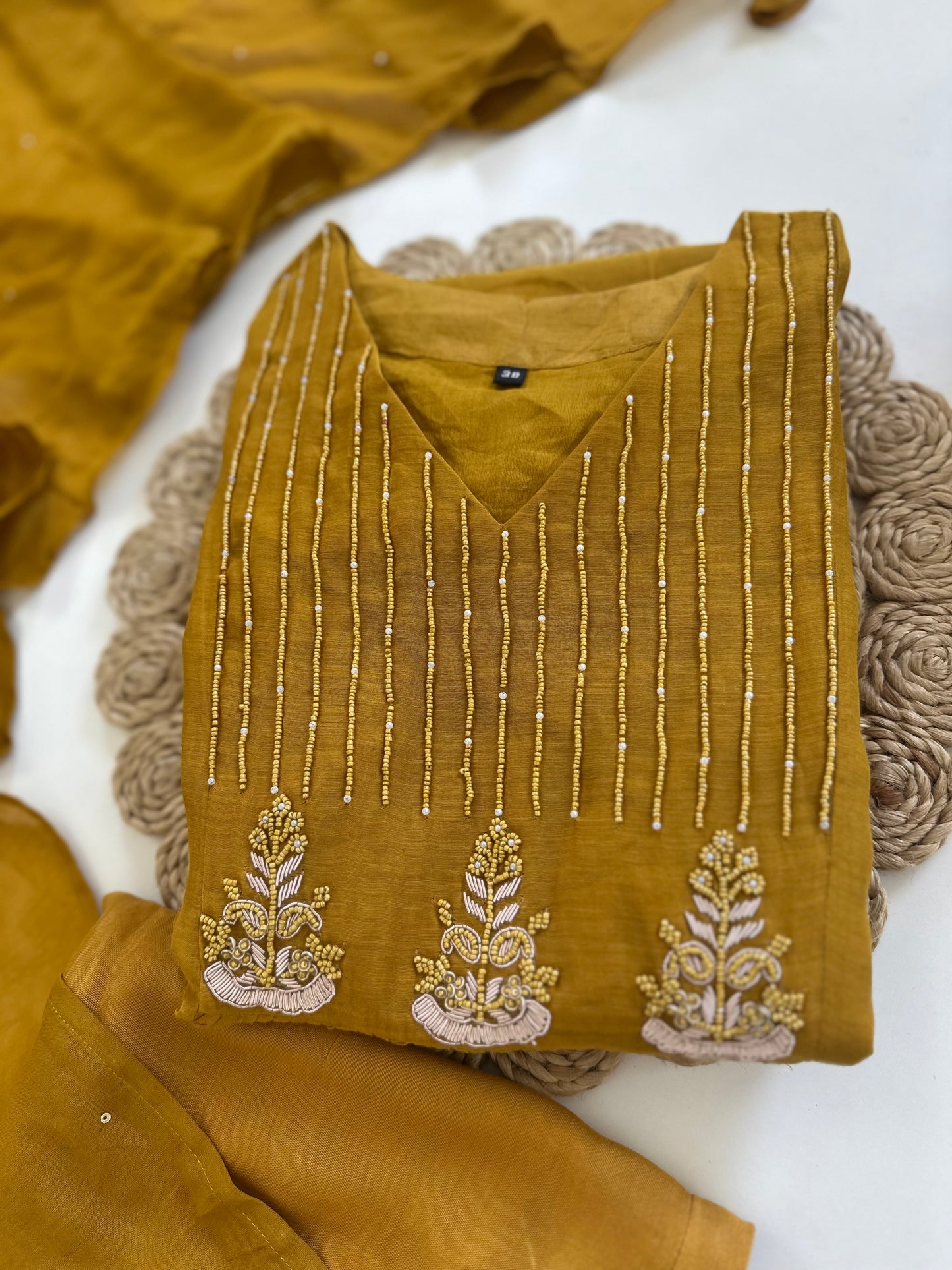 K175 - Mul Chanderi handwork Aline Kurti with pants and dupatta in 2 colours .