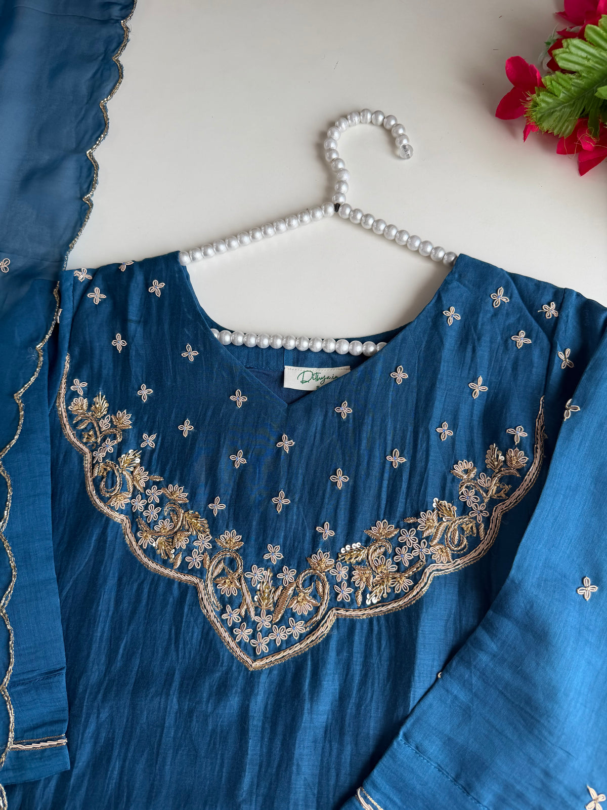 K328 - Mul chanderi handwork aline Kurti with pants and dupatta in 2 colours