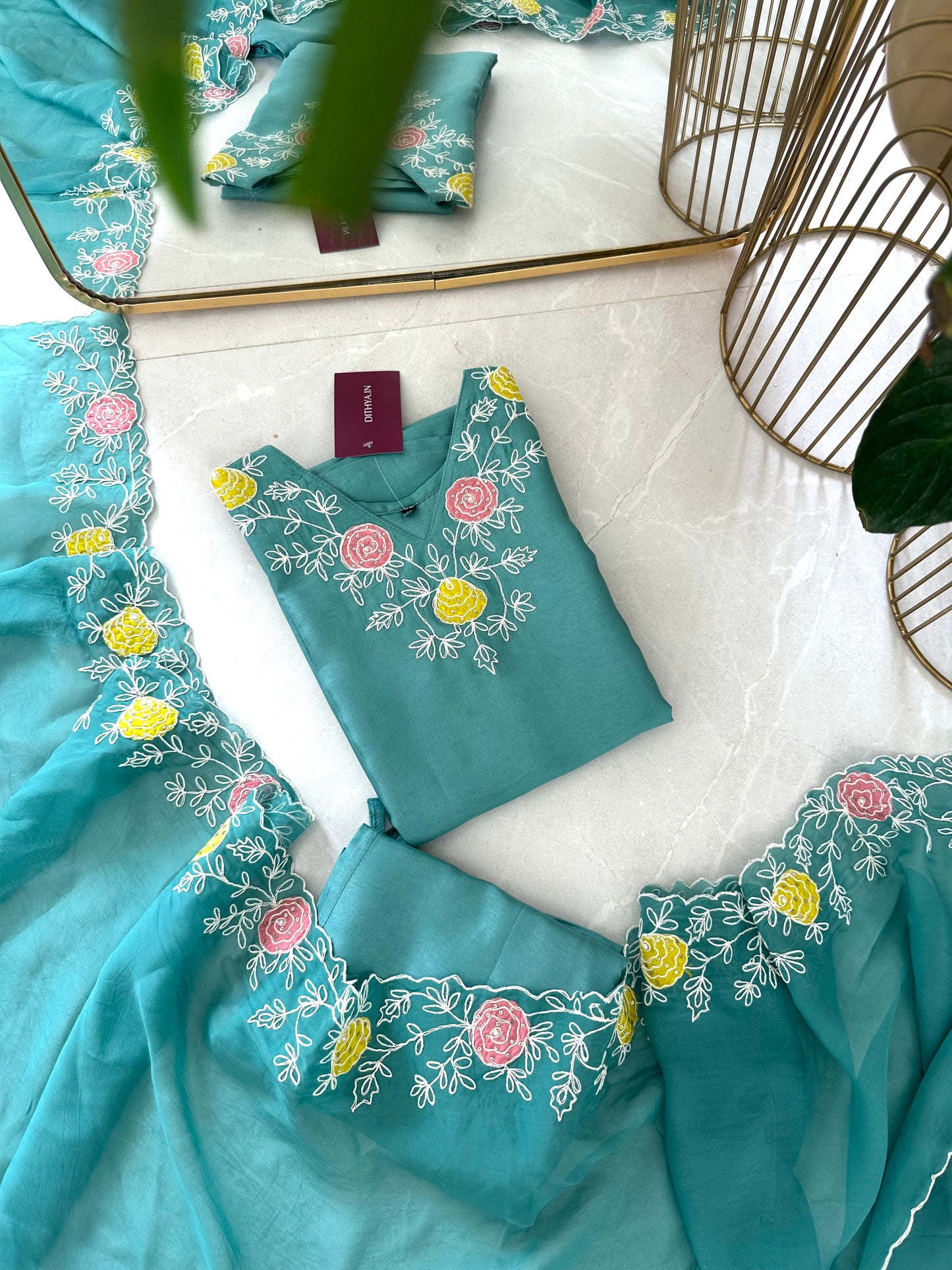 K361 - Russian silk appliqué work straight Kurti with pants and Dupatta in 2 colours