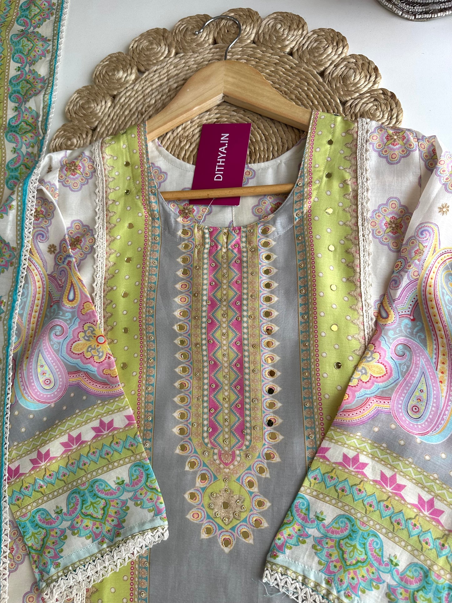 K210 - Pure muslin handwork straight Kurti with pants and dupatta