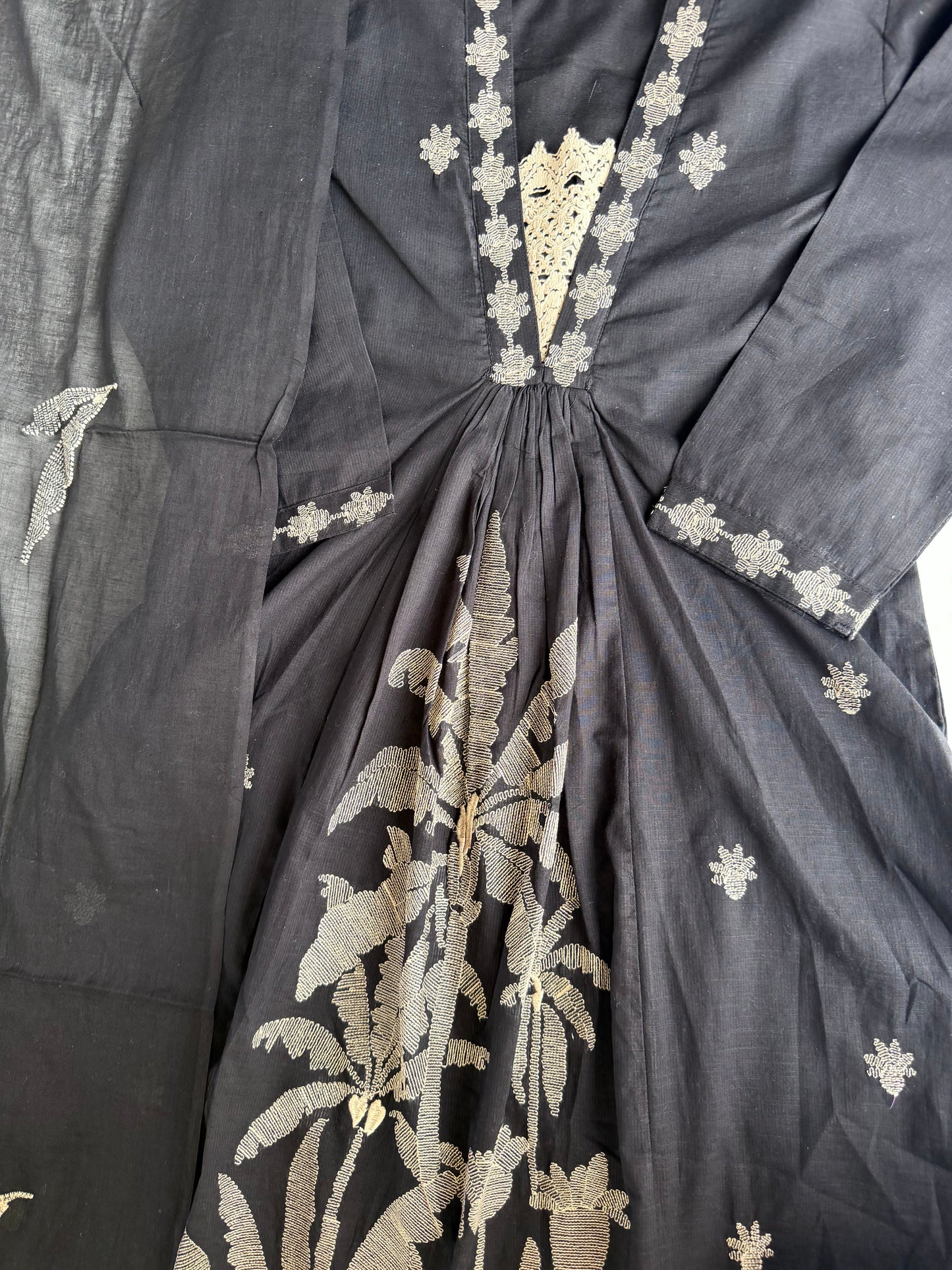 K032 - Mul cotton embroidered Anarkali with pants and dupatta