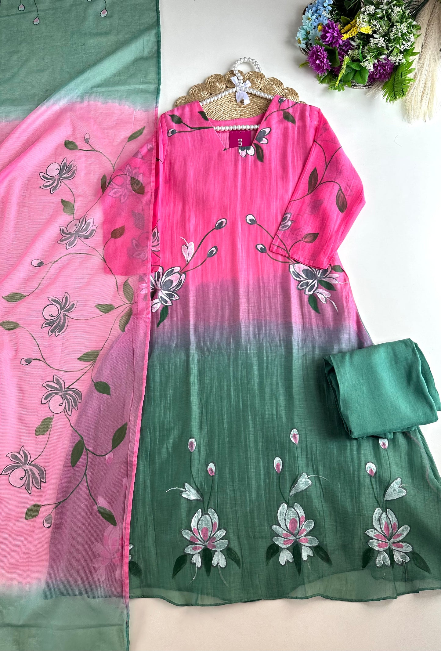 K257 - Mul Chanderi ombré handpainted Aline Kurti with pants and dupatta