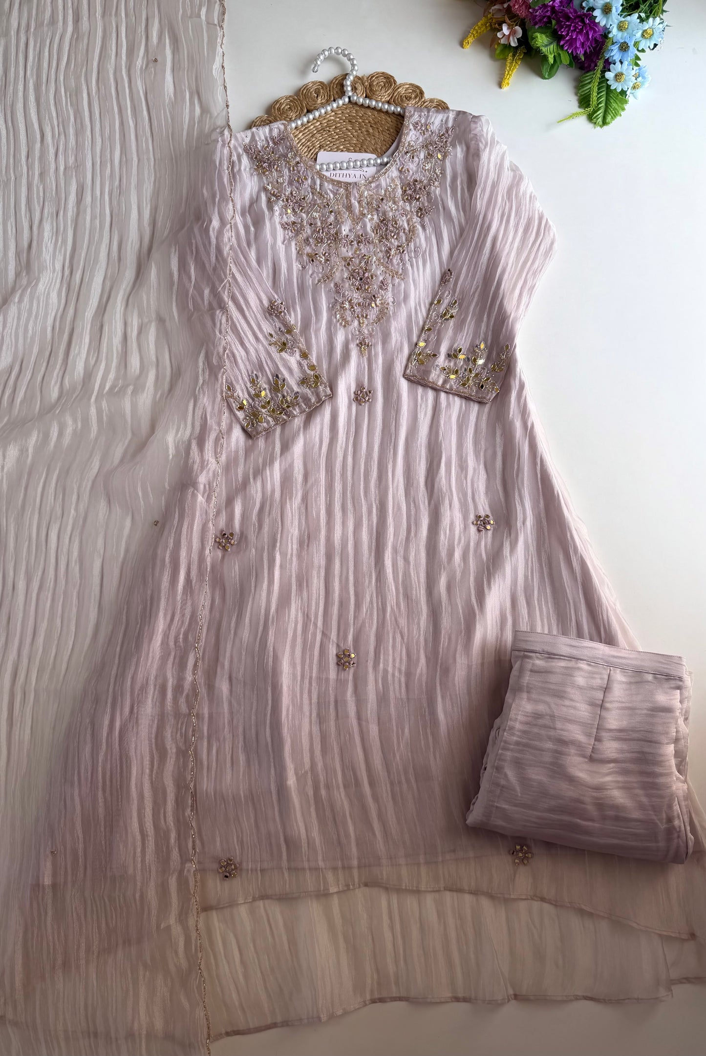 K471 - Crush tissue handwork aline Kurti with pants and dupatta
