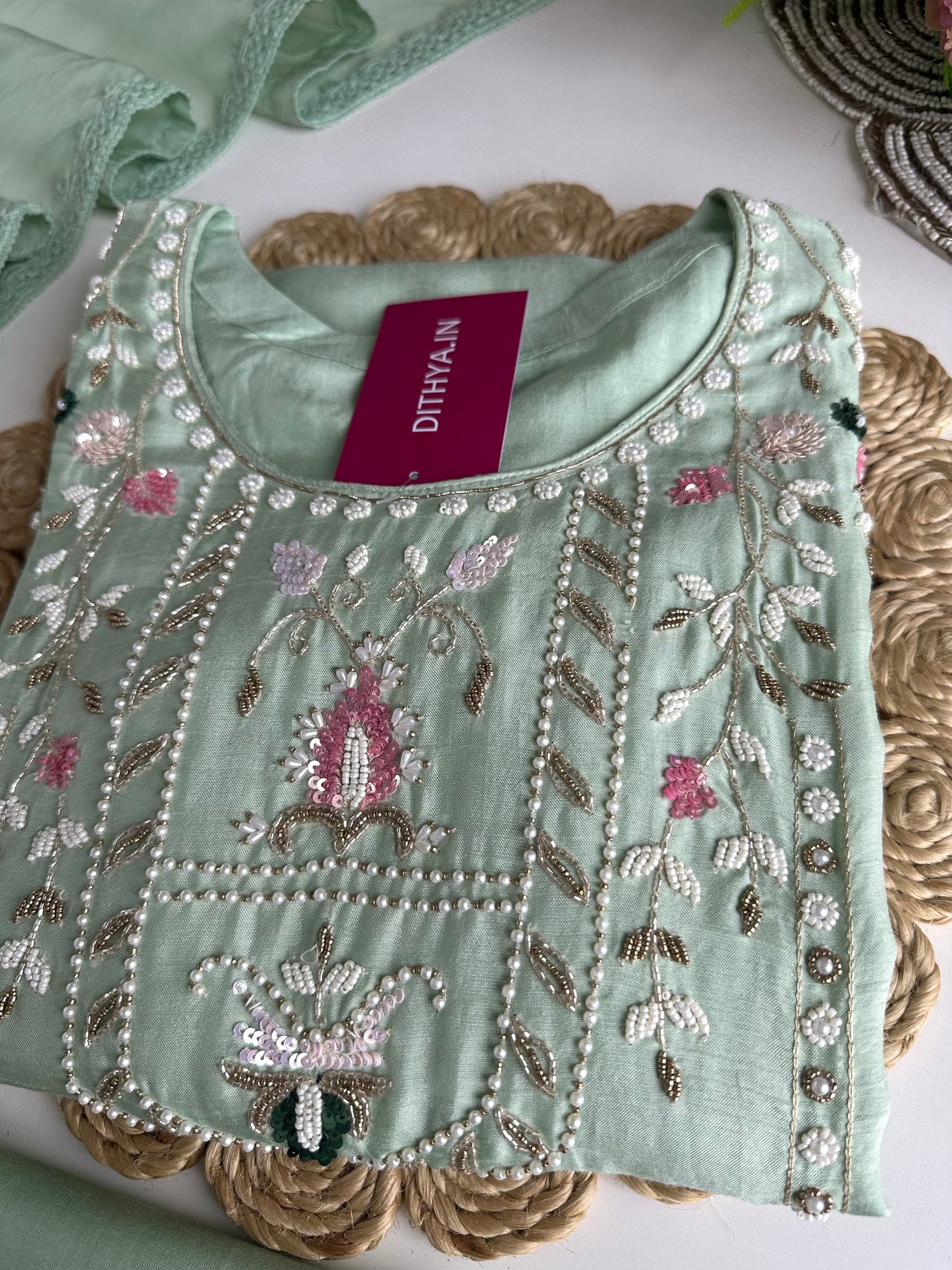 K188 - Russian silk handwork straight Kurti with pants and dupatta
