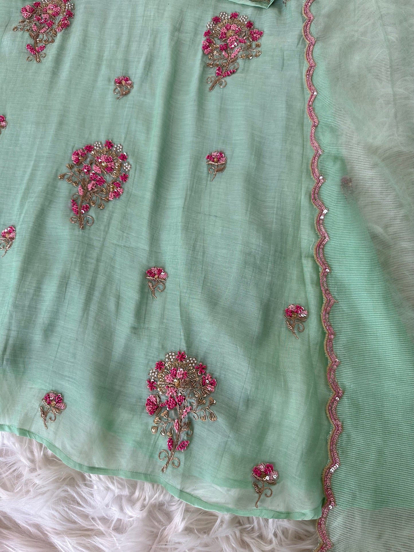K259 - Mul Chanderi handwork Aline Kurti with pants and dupatta