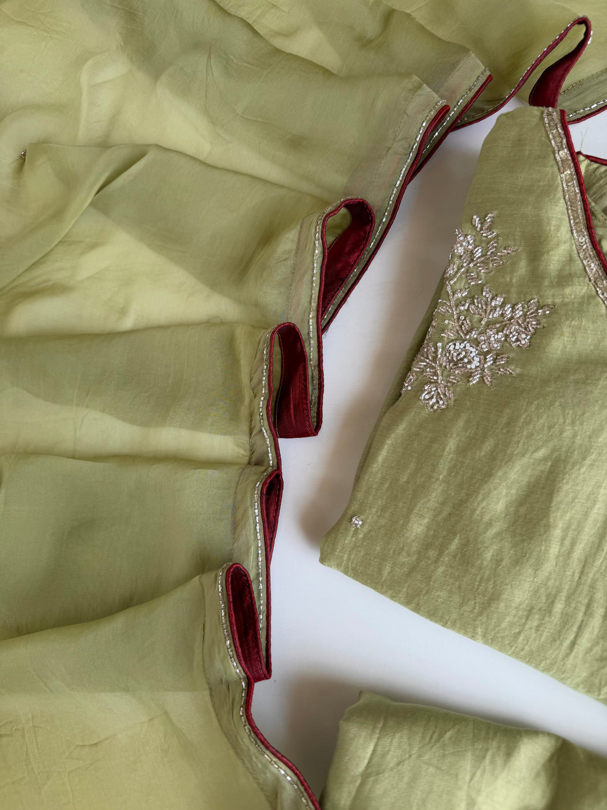 K417 - Mul chanderi handwork piping Aline Kurti with pants and dupatta