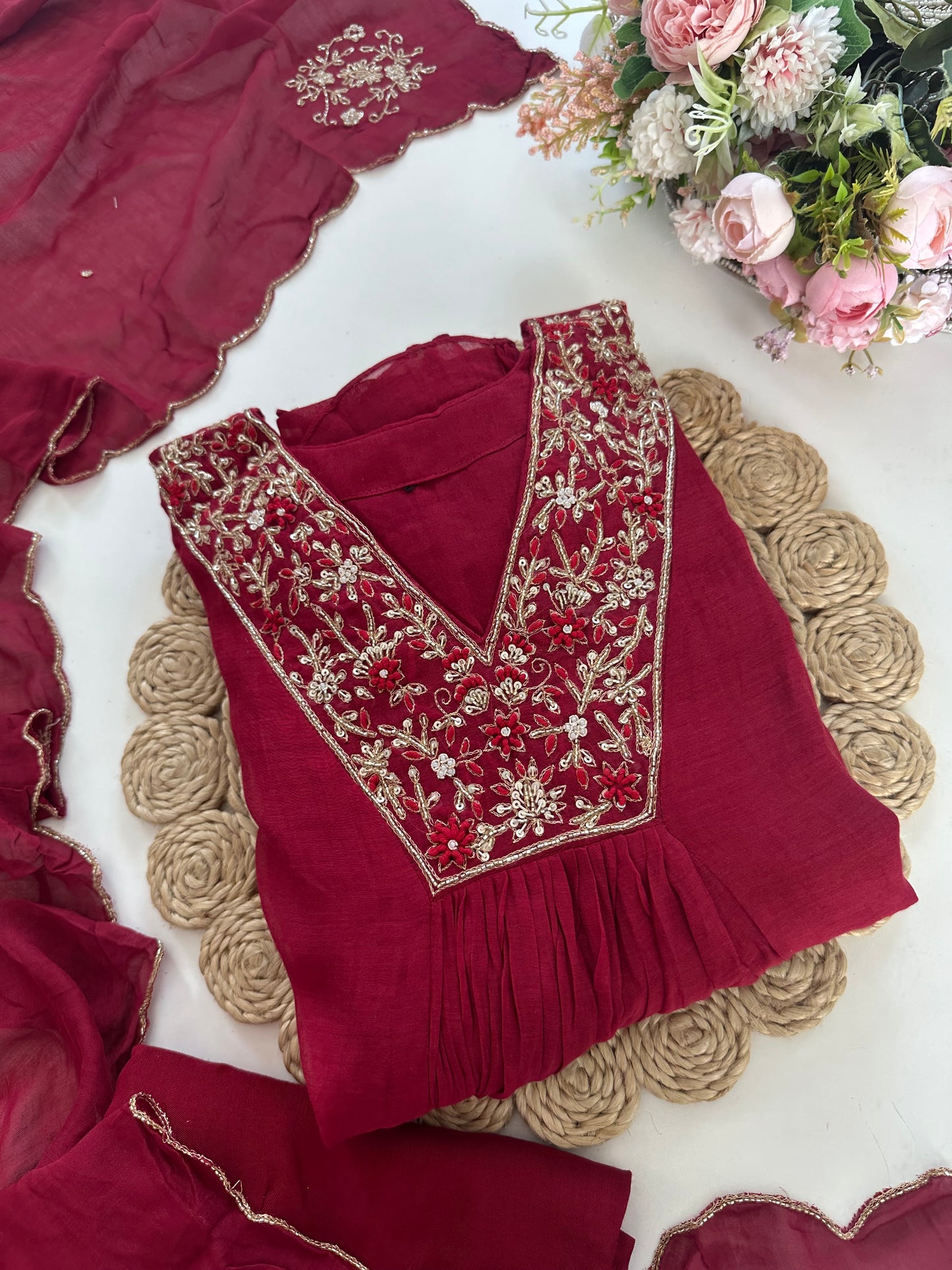 K191 - Mul Chanderi handwork Aline Kurti with pants and dupatta in 3 colours