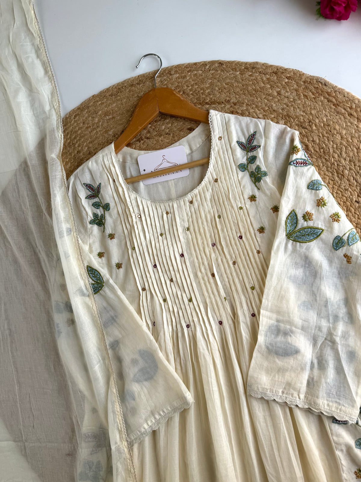 K010 - Mul cotton embroidered Anarkali with pants and dupatta in 2 colours