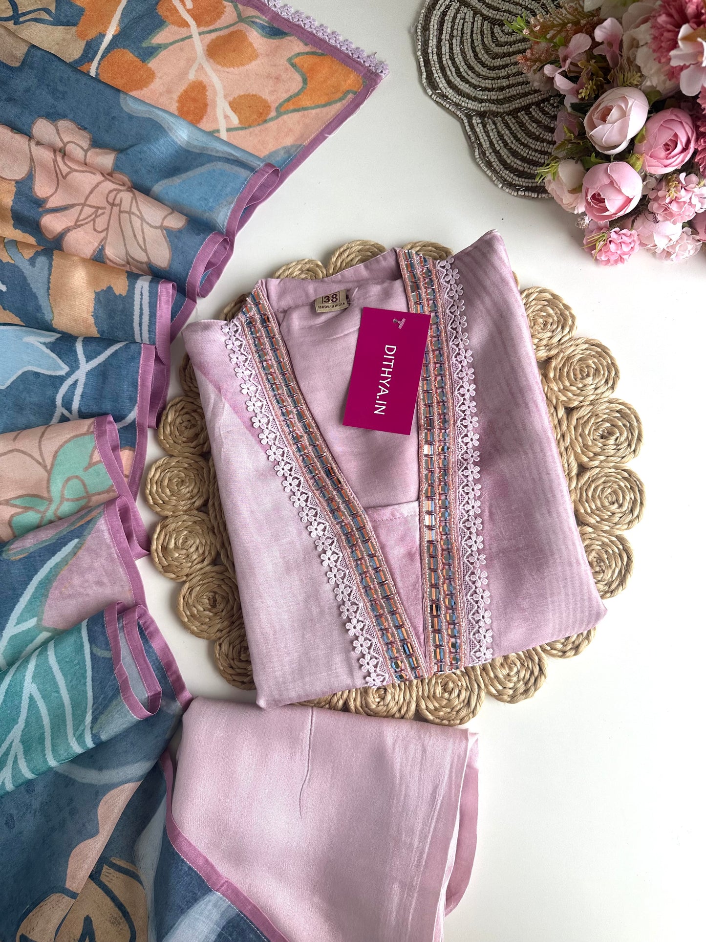 K070 - Russian silk Floral handwork Aline Kurti with pants and dupatta